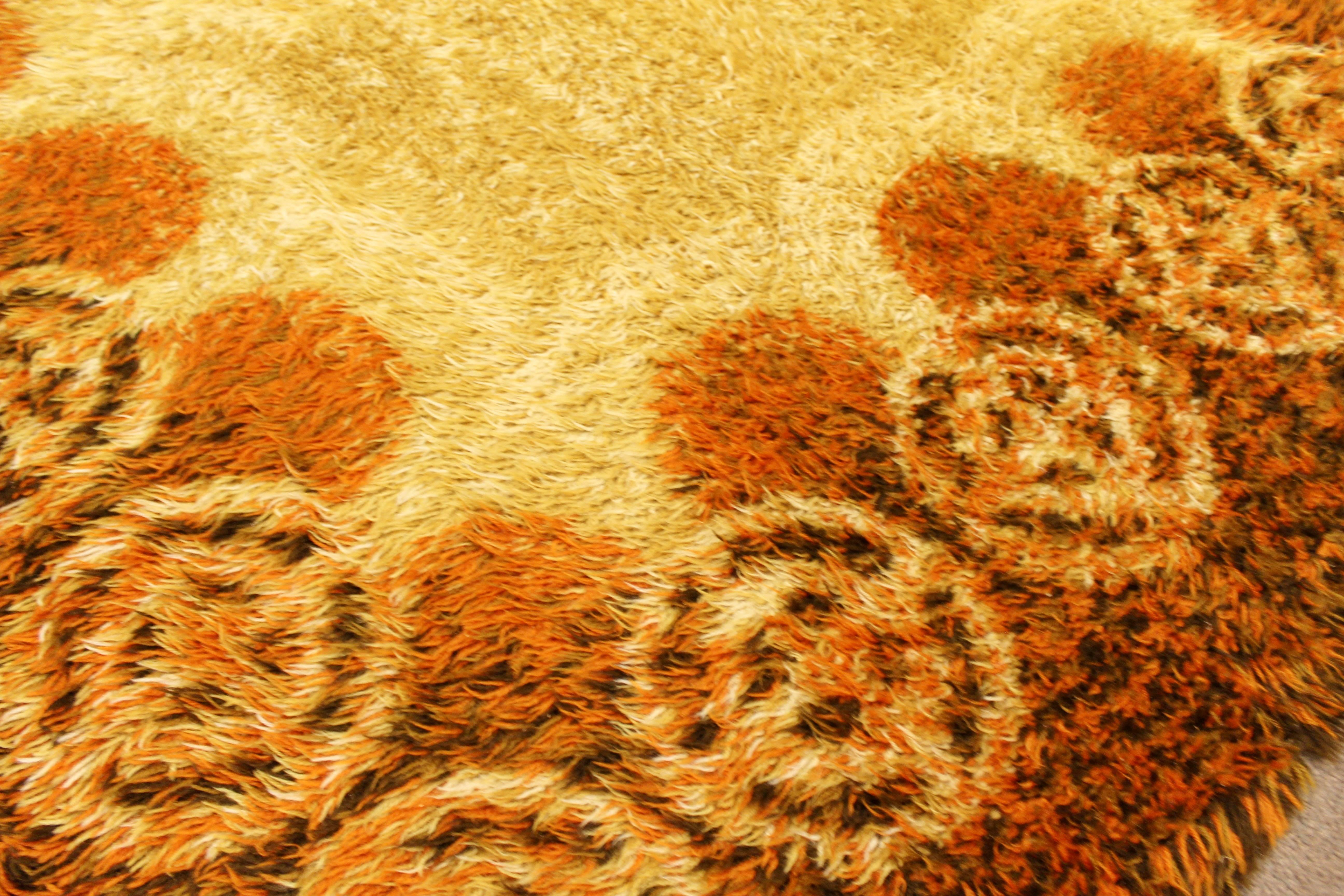 Mid-20th Century Mid-Century Modern Rectangular Rya Area Rug Carpet Orange 1960s Sunburst Pattern