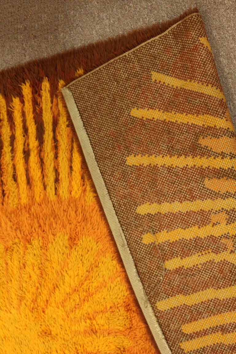 MidCentury Modern Rectangular Rya Rug Brown Starburst Yellow, 1960s at