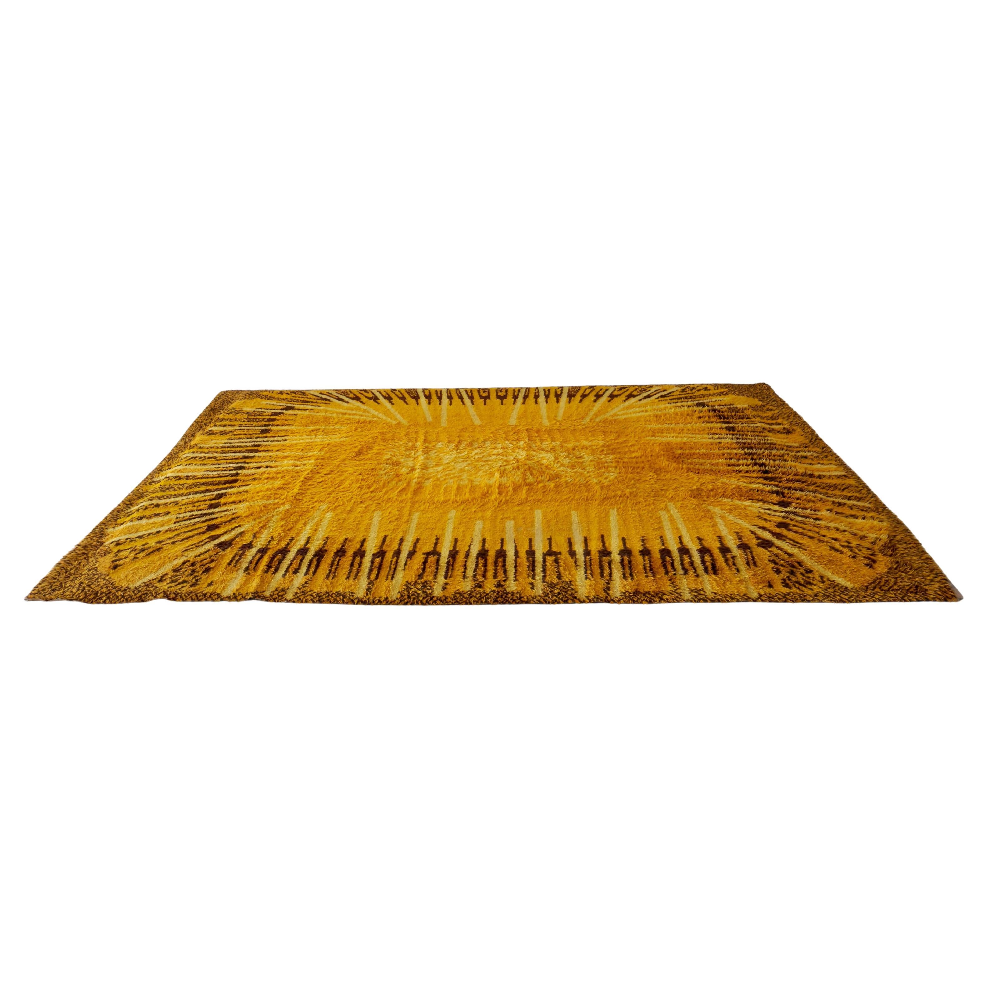 Mid-Century Modern Rectangular Rya Rug Brown Starburst Yellow, 1960s