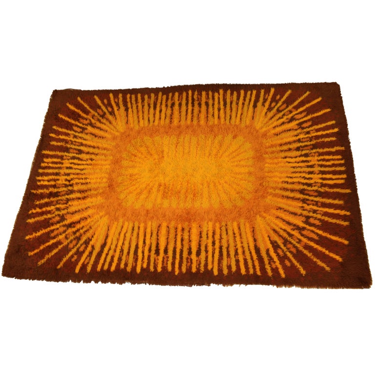 MidCentury Modern Rectangular Rya Rug Brown Starburst Yellow, 1960s at