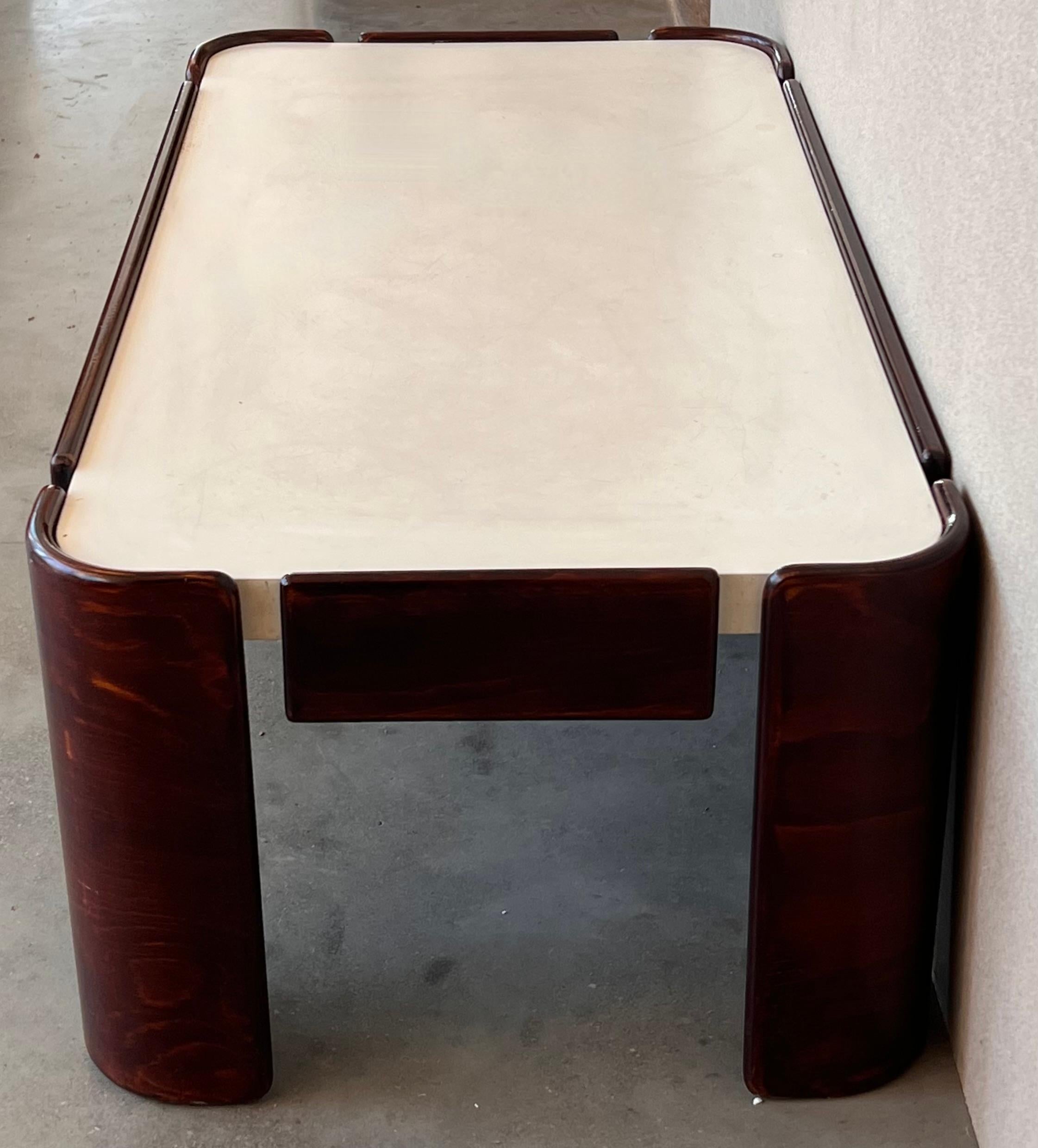 Wood Mid-Century Modern Rectangular Table with Curved Legs and White Top For Sale