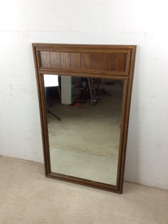 Mid Century Modern Rectangular Wall Mirror with Inlaid Wood Panel at Top