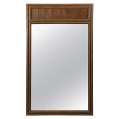 Mid Century Modern Rectangular Wall Mirror with Inlaid Wood Panel at Top