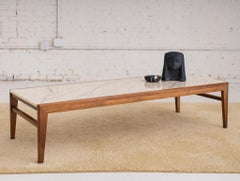 Mid-Century Modern Rectangular Walnut Frame Marble Coffee Table