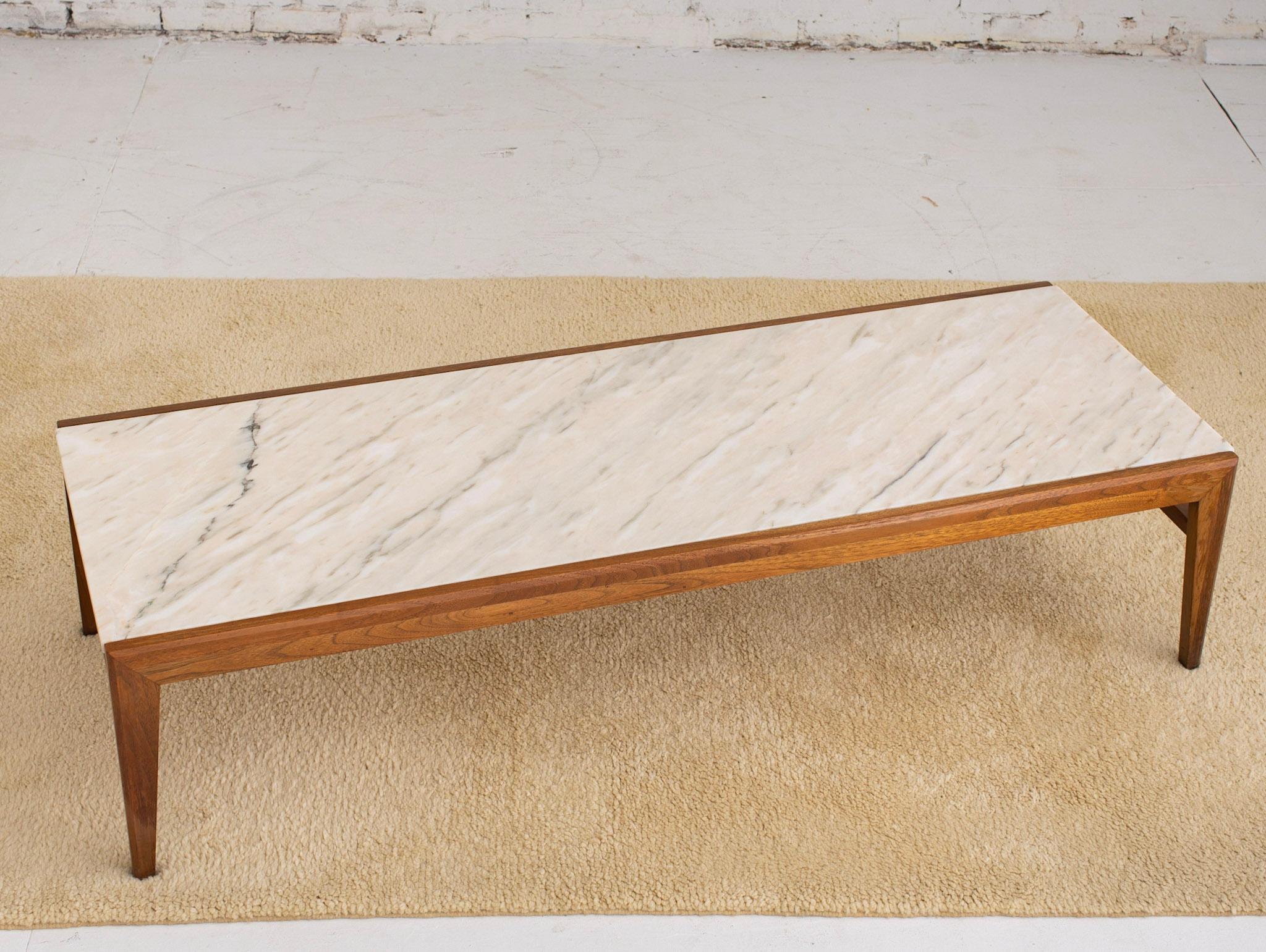 Mid-Century Modern Rectangular Walnut Frame Marble Coffee Table In Good Condition In Brooklyn, NY