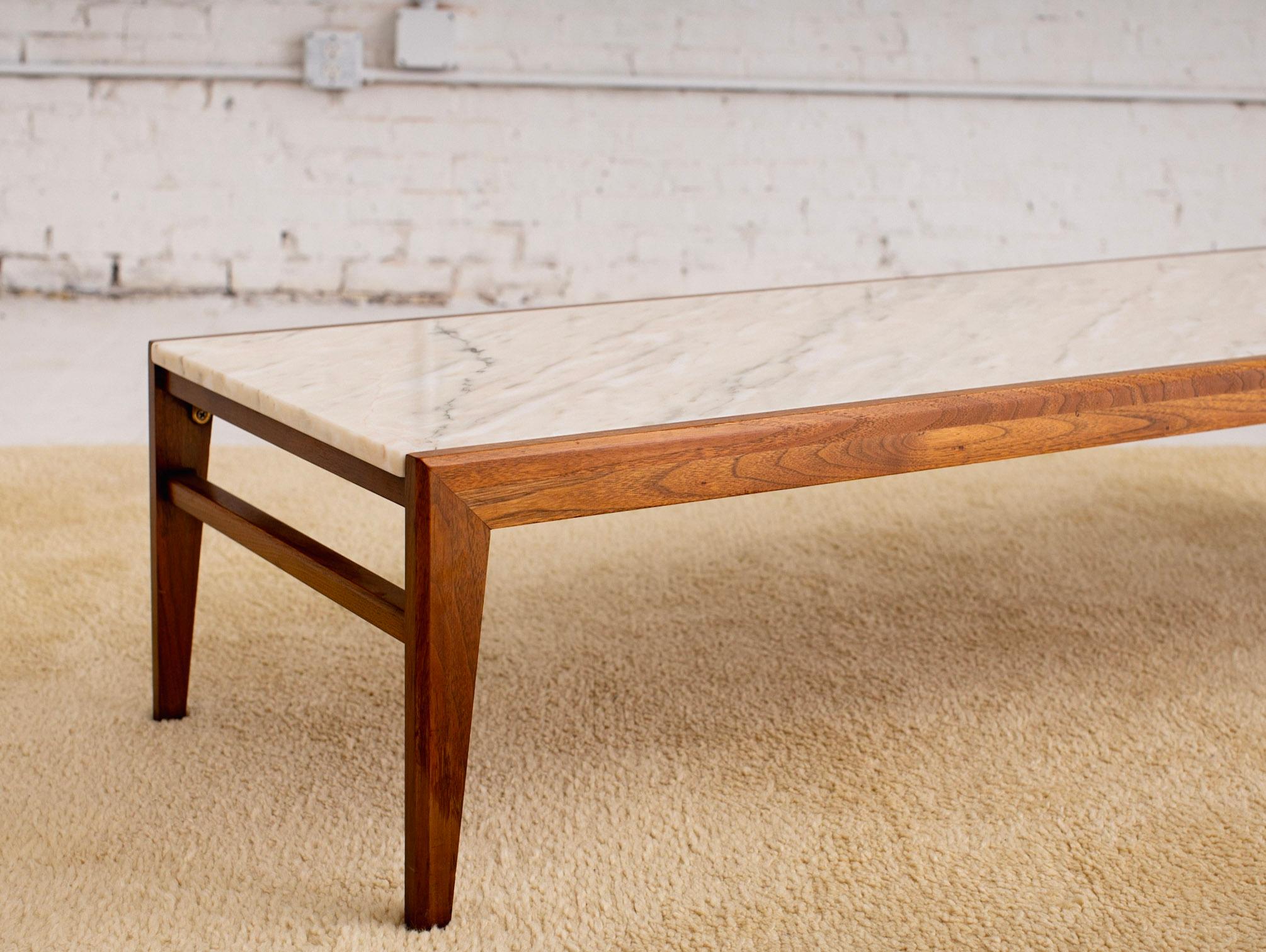 Mid-Century Modern Rectangular Walnut Frame Marble Coffee Table 1