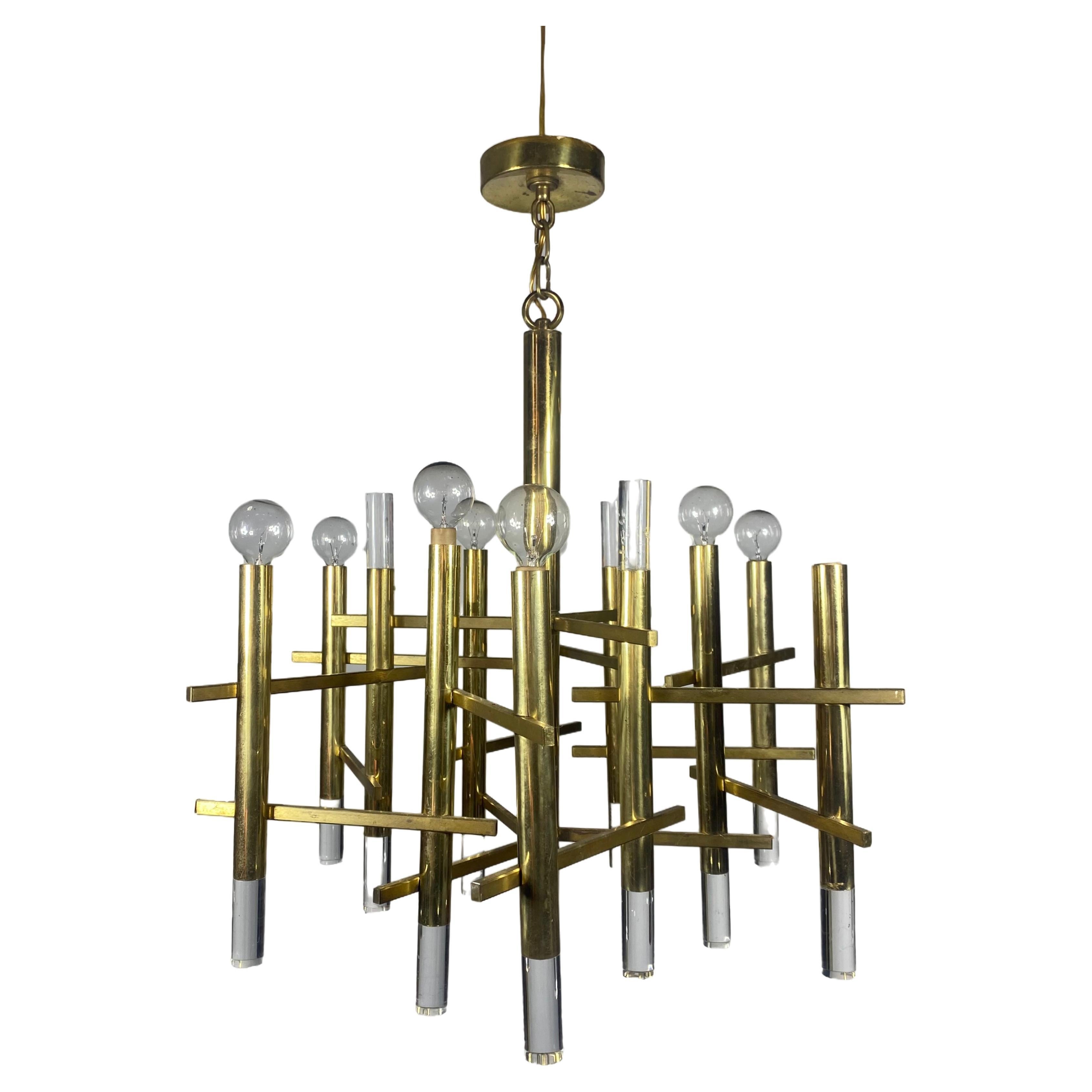 Mid-Century Modern Rectilinear Brass and Lucite Chandelier by Sciolari