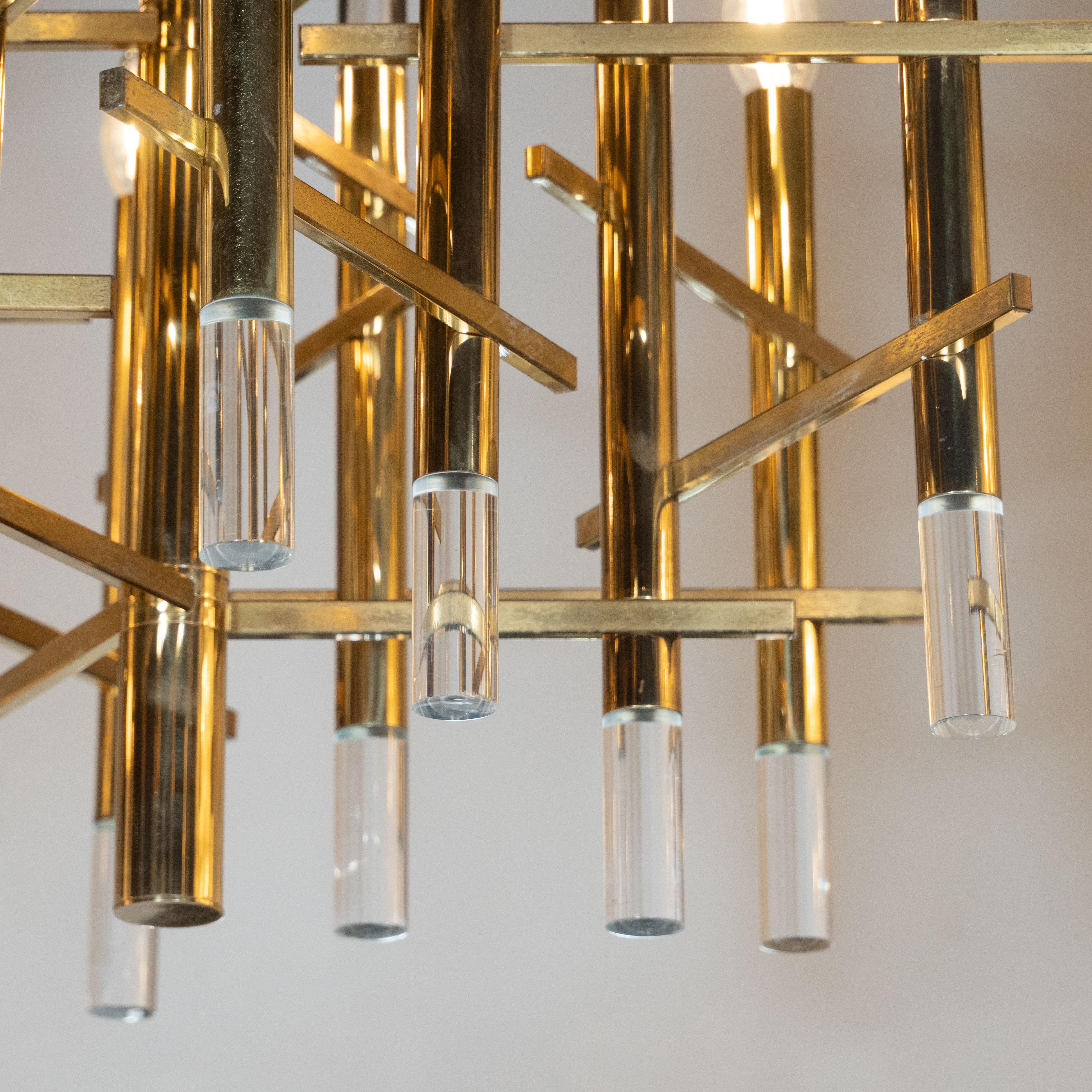 Mid-Century Modern Rectilinear Polished Brass and Lucite Chandelier by Sciolari For Sale 7