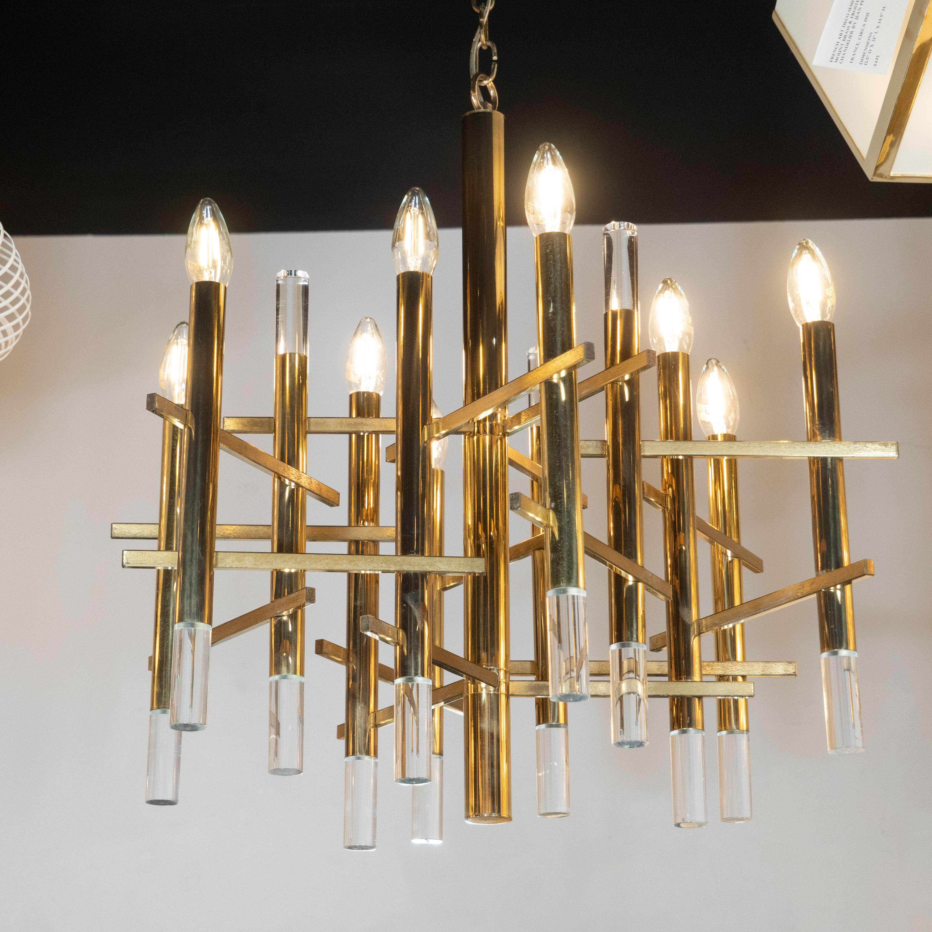 Italian Mid-Century Modern Rectilinear Polished Brass and Lucite Chandelier by Sciolari For Sale