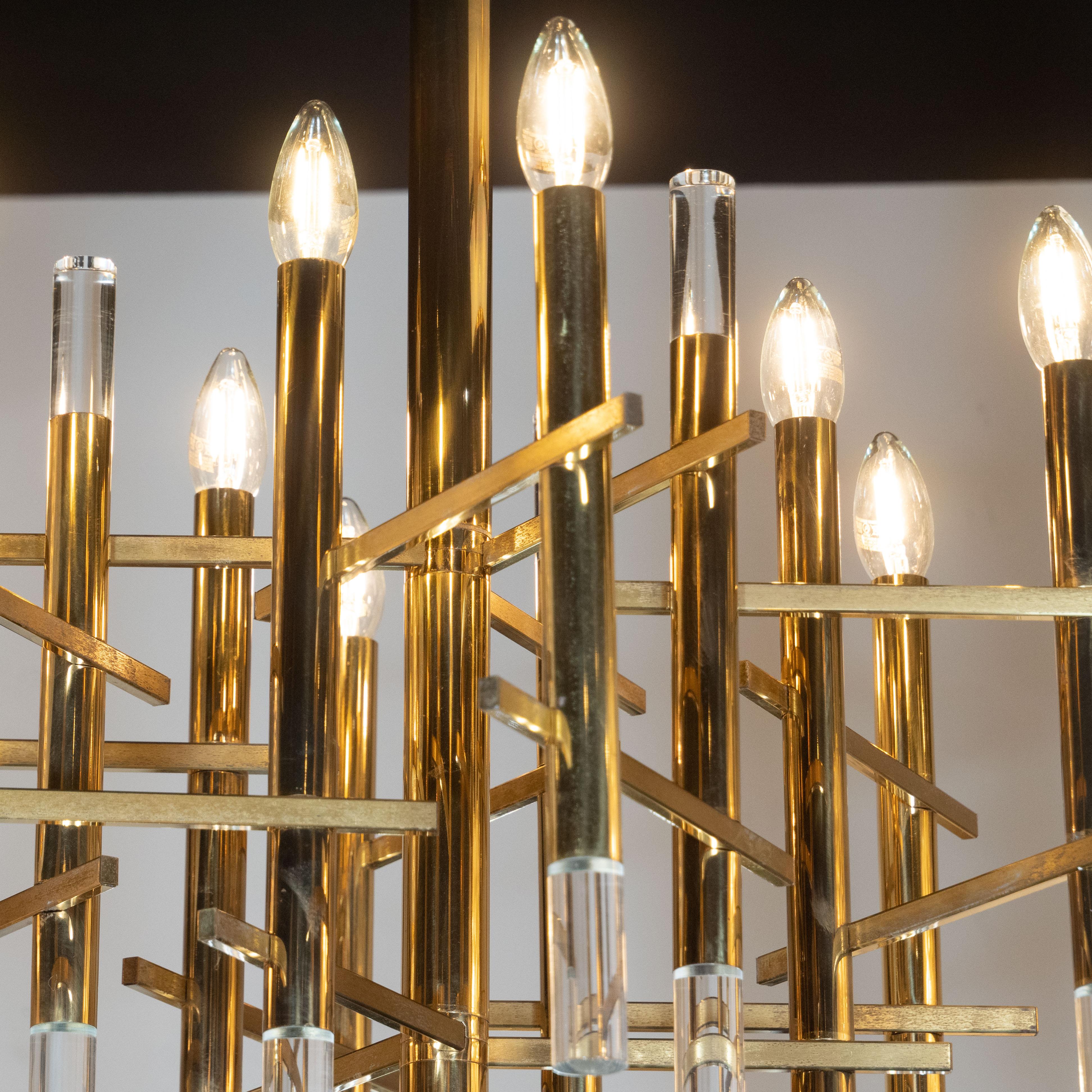 Mid-Century Modern Rectilinear Polished Brass and Lucite Chandelier by Sciolari For Sale 1