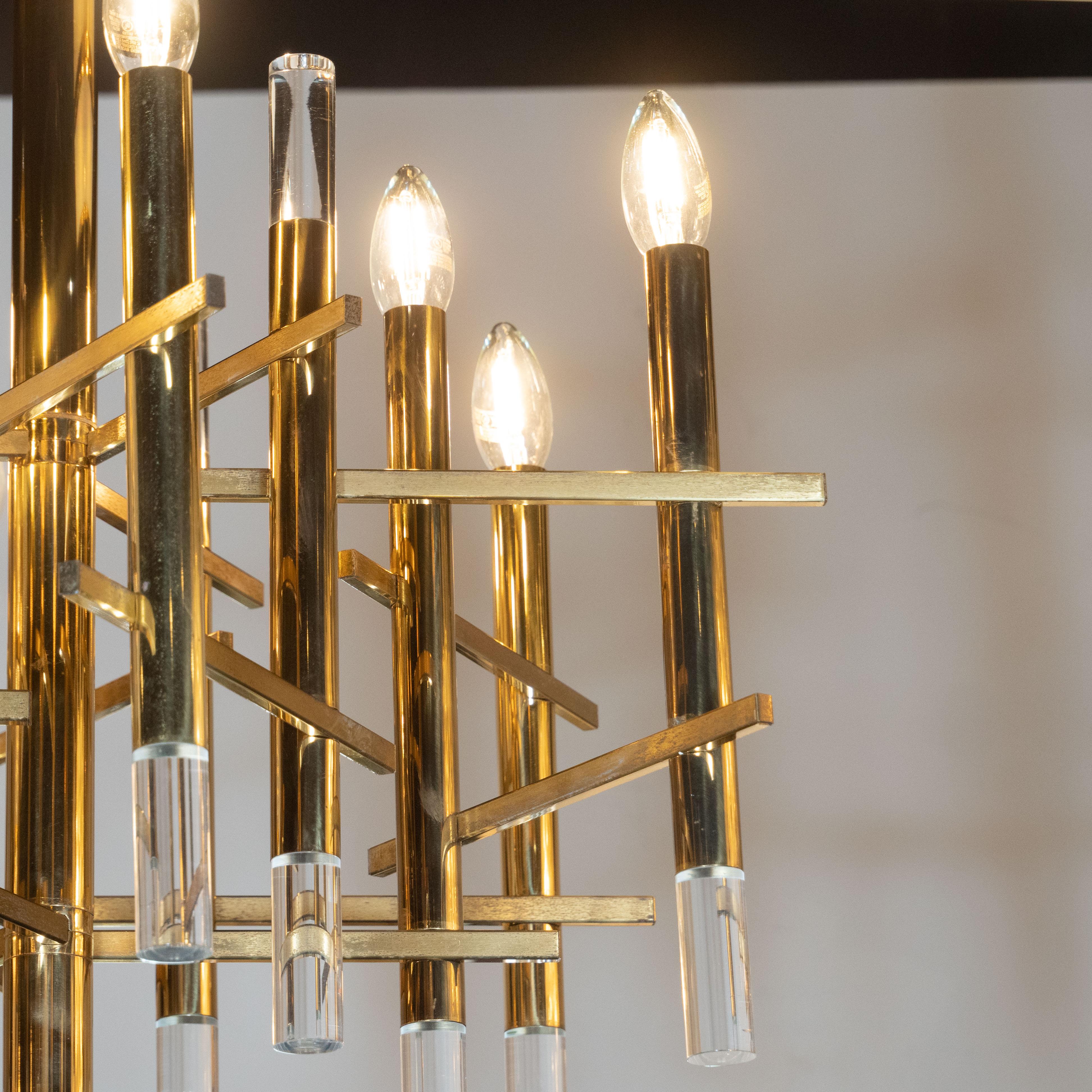 Mid-Century Modern Rectilinear Polished Brass and Lucite Chandelier by Sciolari For Sale 2