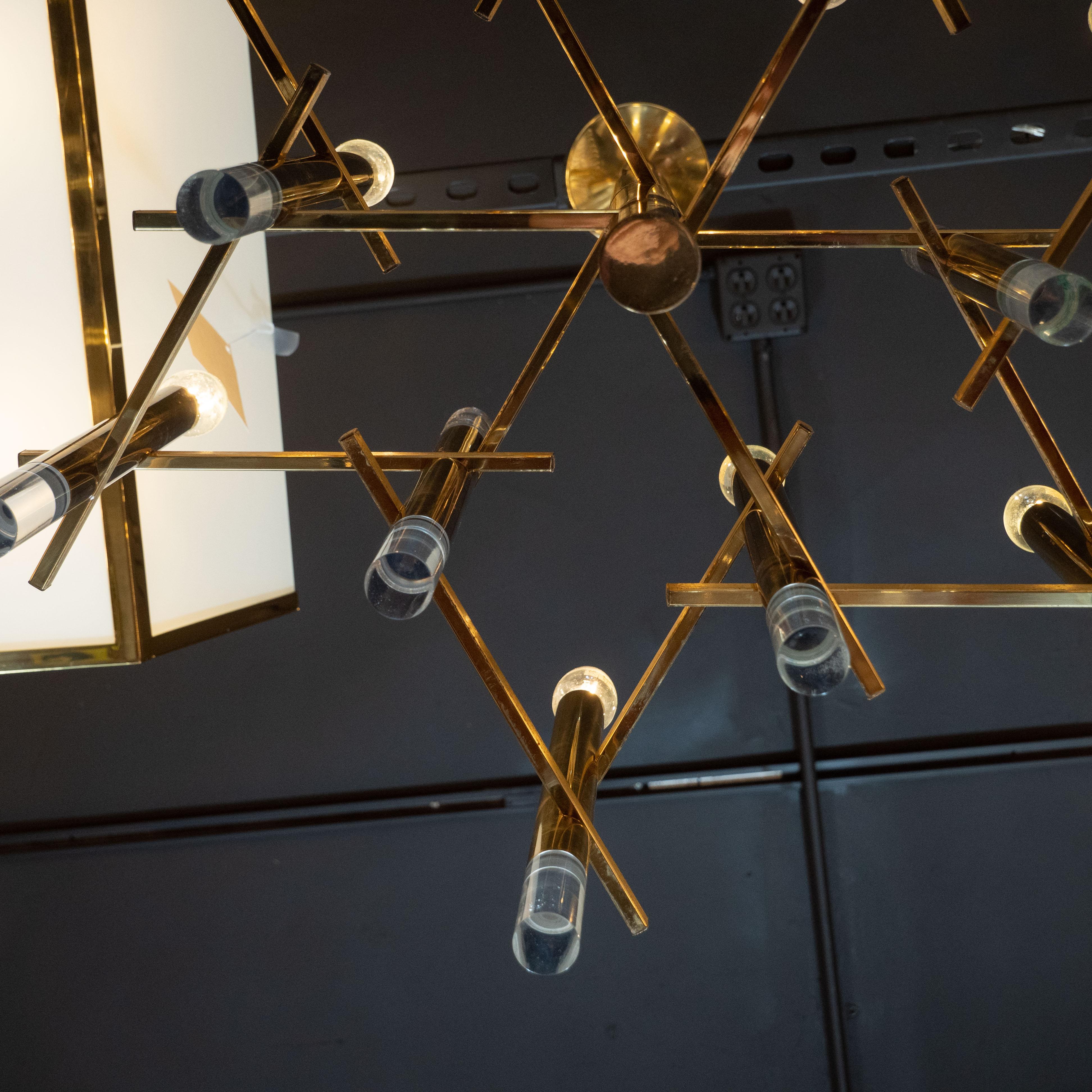 Mid-Century Modern Rectilinear Polished Brass and Lucite Chandelier by Sciolari For Sale 4