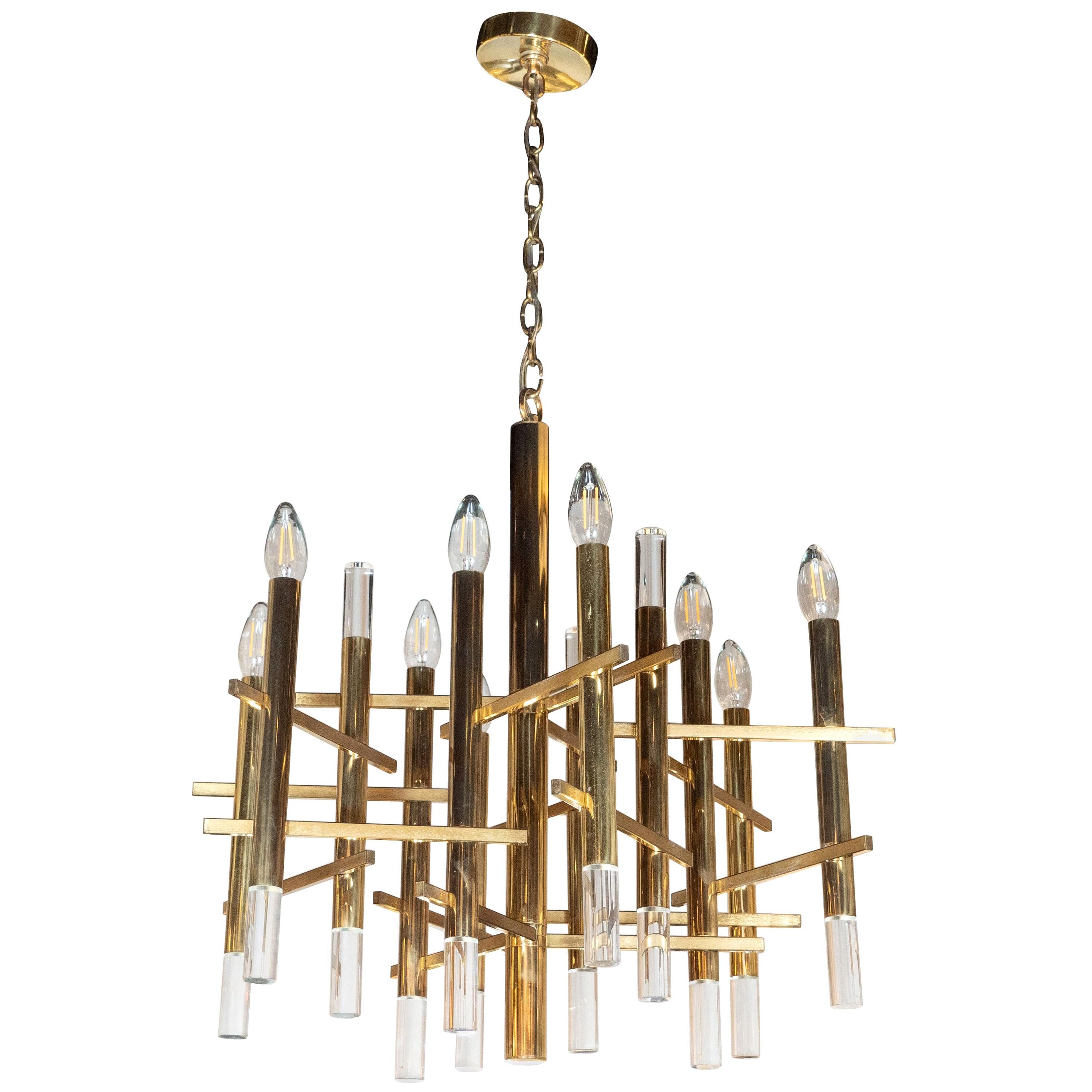 Mid-Century Modern Rectilinear Polished Brass and Lucite Chandelier by Sciolari For Sale