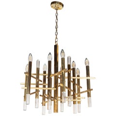 Retro Mid-Century Modern Rectilinear Polished Brass and Lucite Chandelier by Sciolari