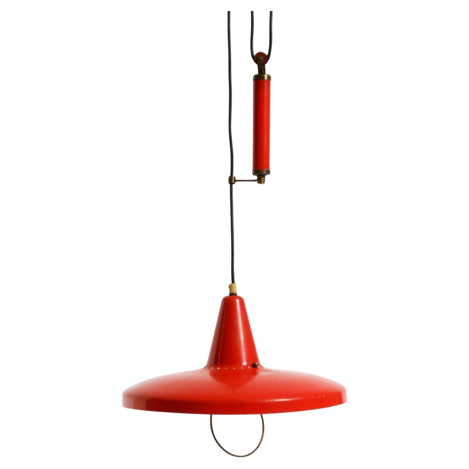 Mid-Century Modern red aluminum pendant lamp, height adjustable, Italy, 1950