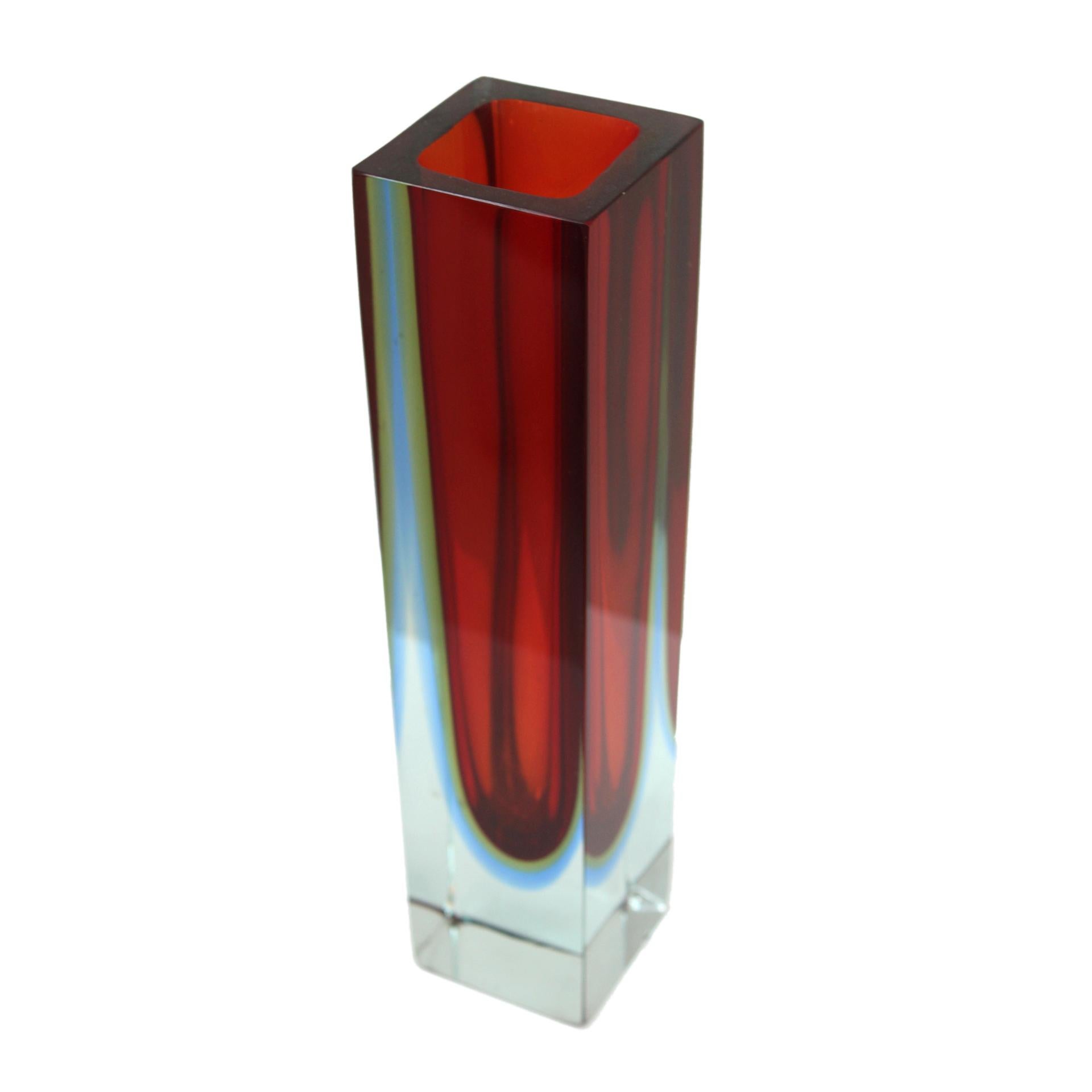 Italian Mid-Century Modern Red and Blue Sommerso Murano Glass Vase by Flavio Poli 1950 For Sale