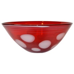 Mid-Century Modern Red and White Dotted Art Glass Centerpiece, Bowl Studio Piece