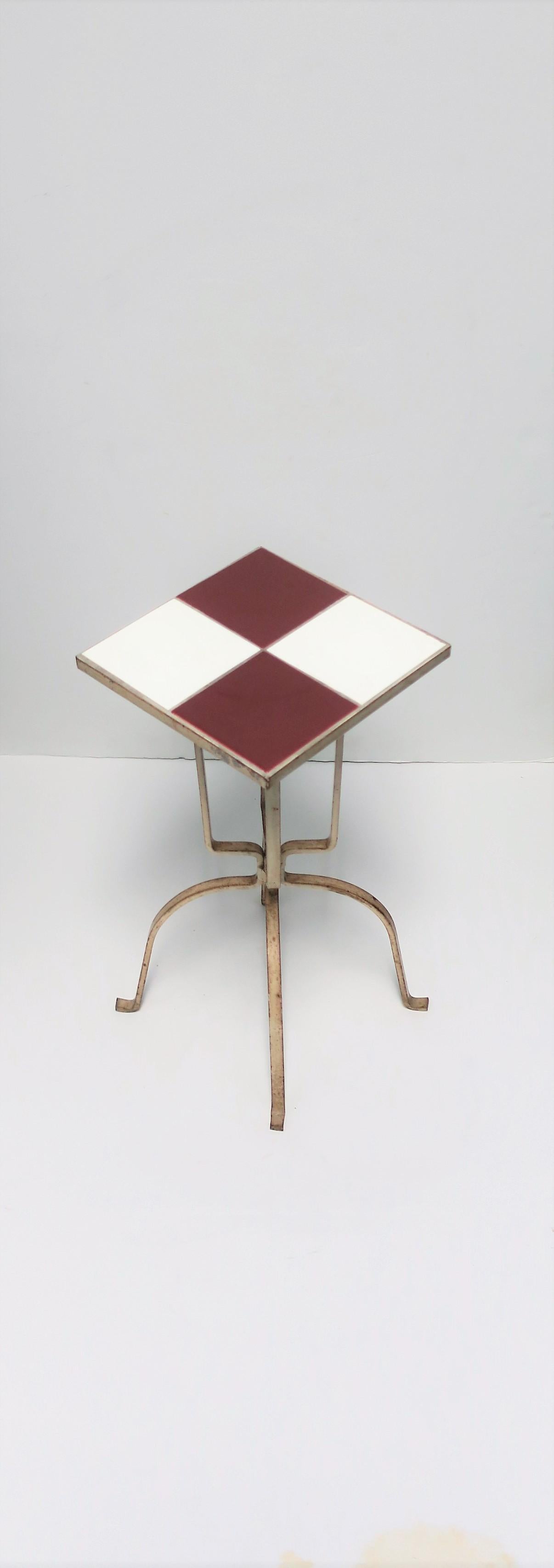 American Mid-Century Modern Red and White Ceramic Mosaic Tile Side or Drinks Table