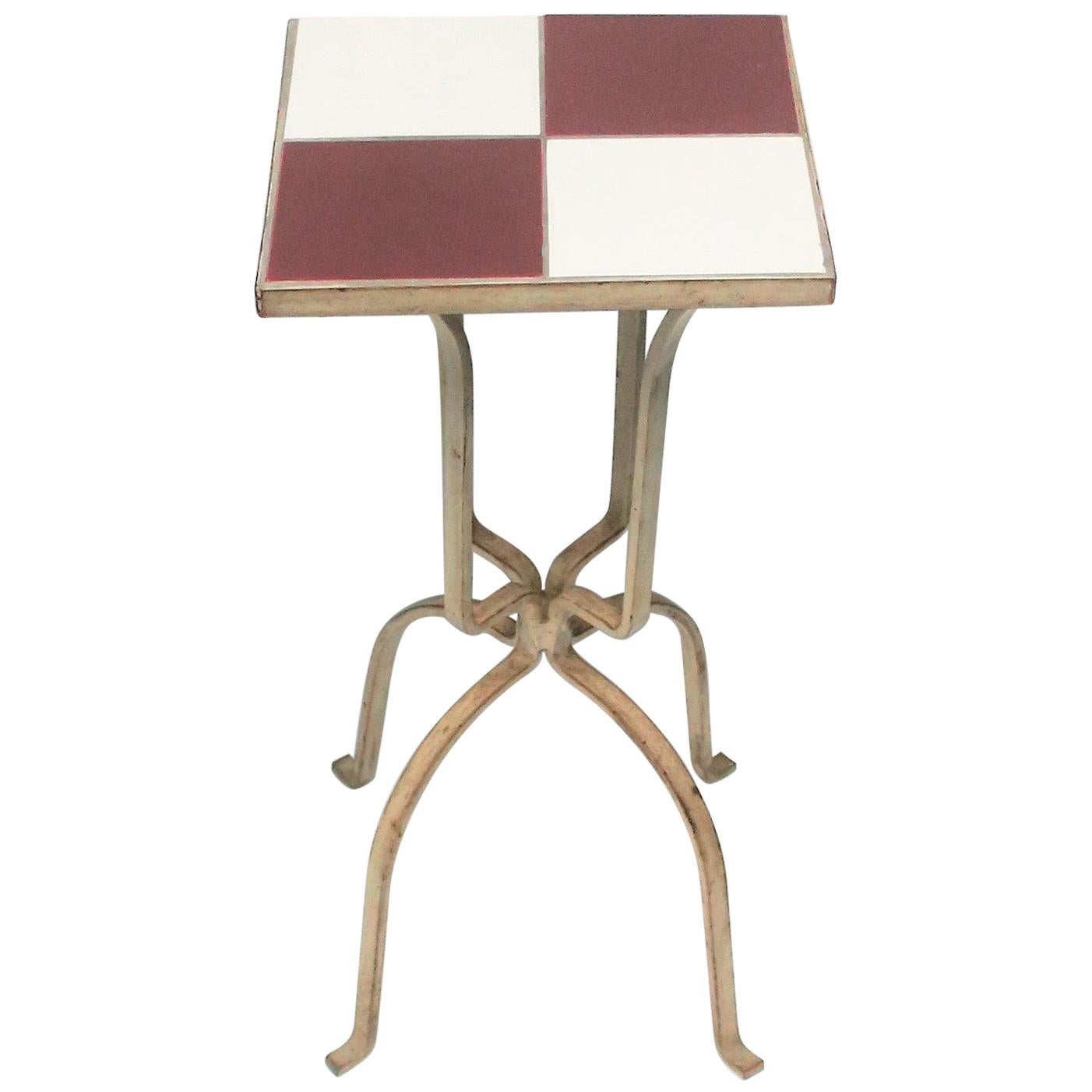 Mid-Century Modern Red and White Ceramic Mosaic Tile Side or Drinks Table