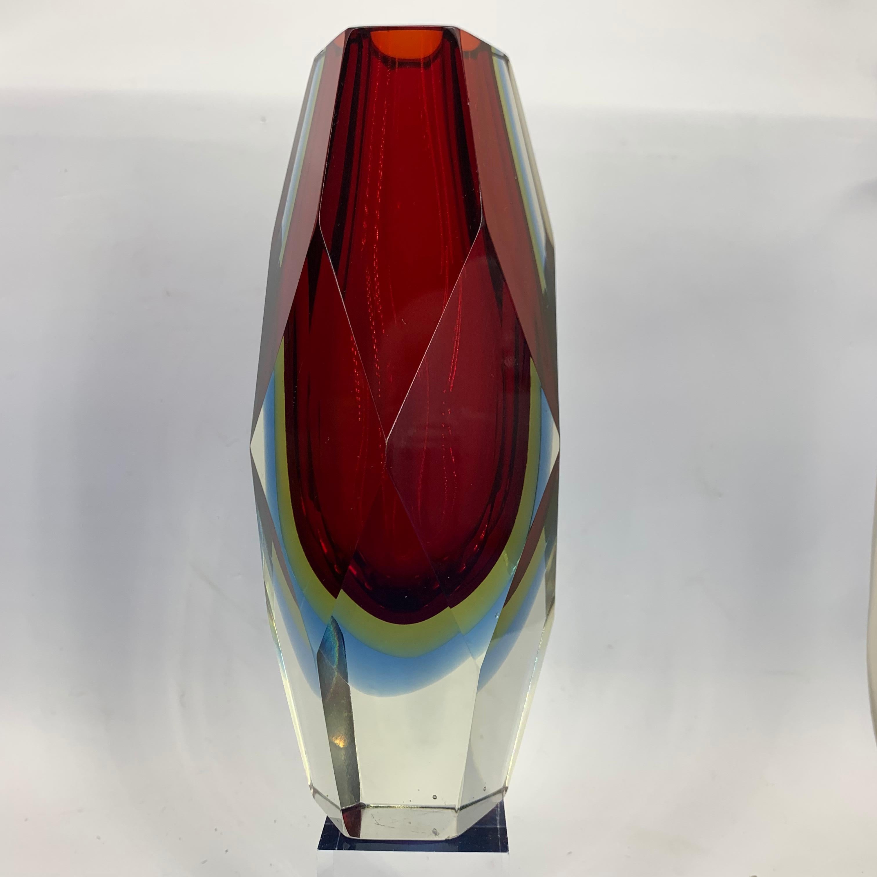 Mid-Century Modern Red, Blue and Yellow Faceted Sommerso Murano Glass Vase 3