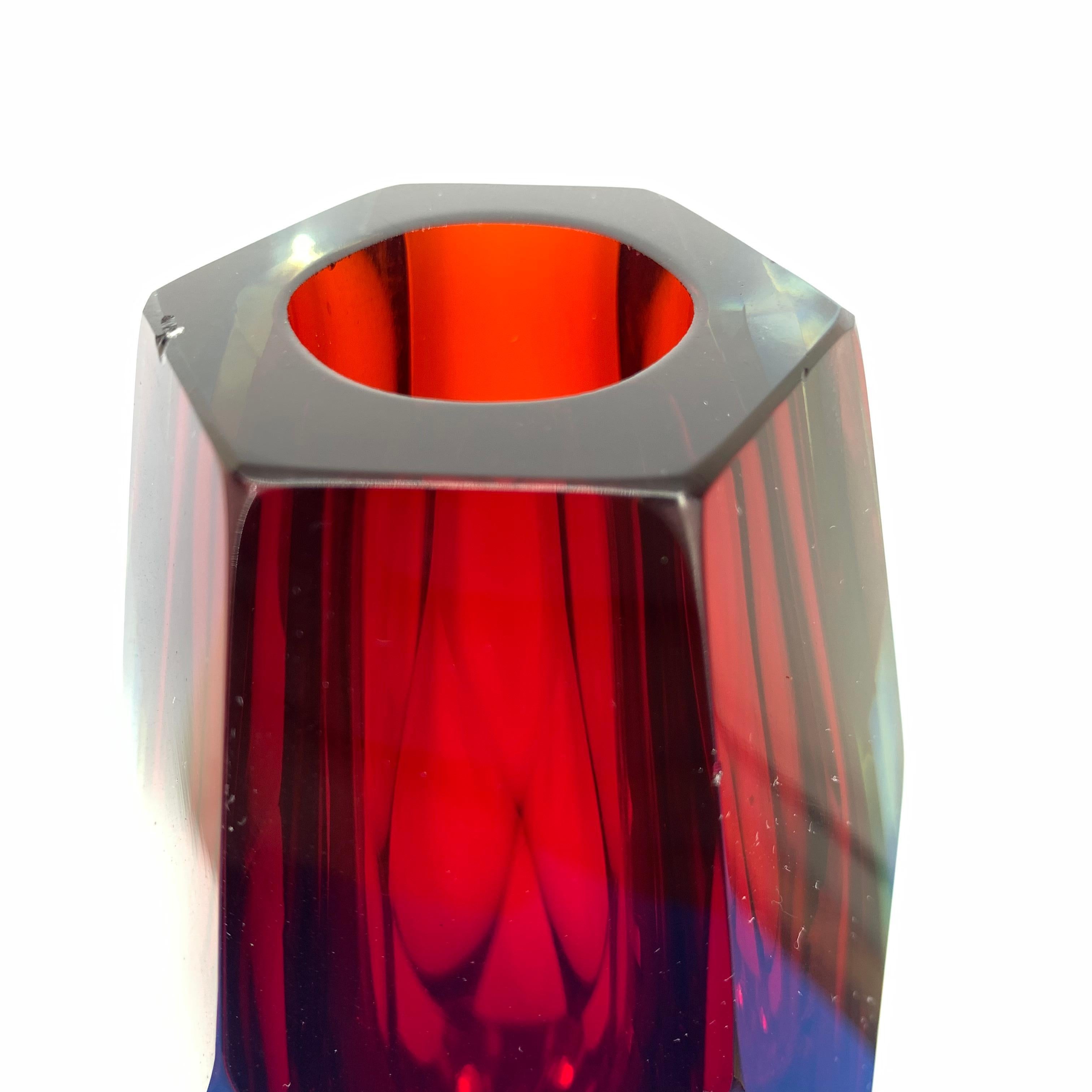 Mid-Century Modern Red, Blue and Yellow Faceted Sommerso Murano Glass Vase 4