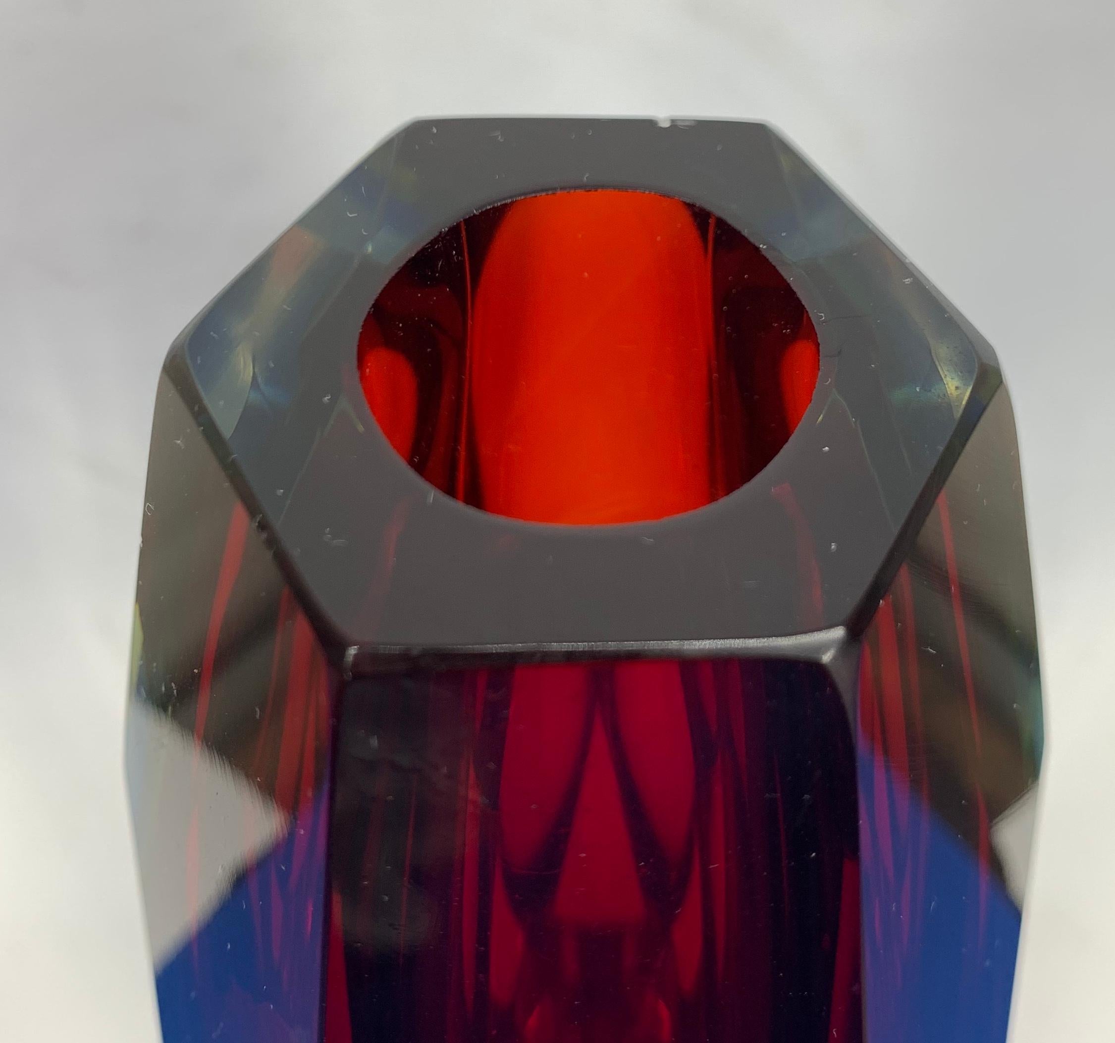 Mid-Century Modern Red, Blue and Yellow Faceted Sommerso Murano Glass Vase 5