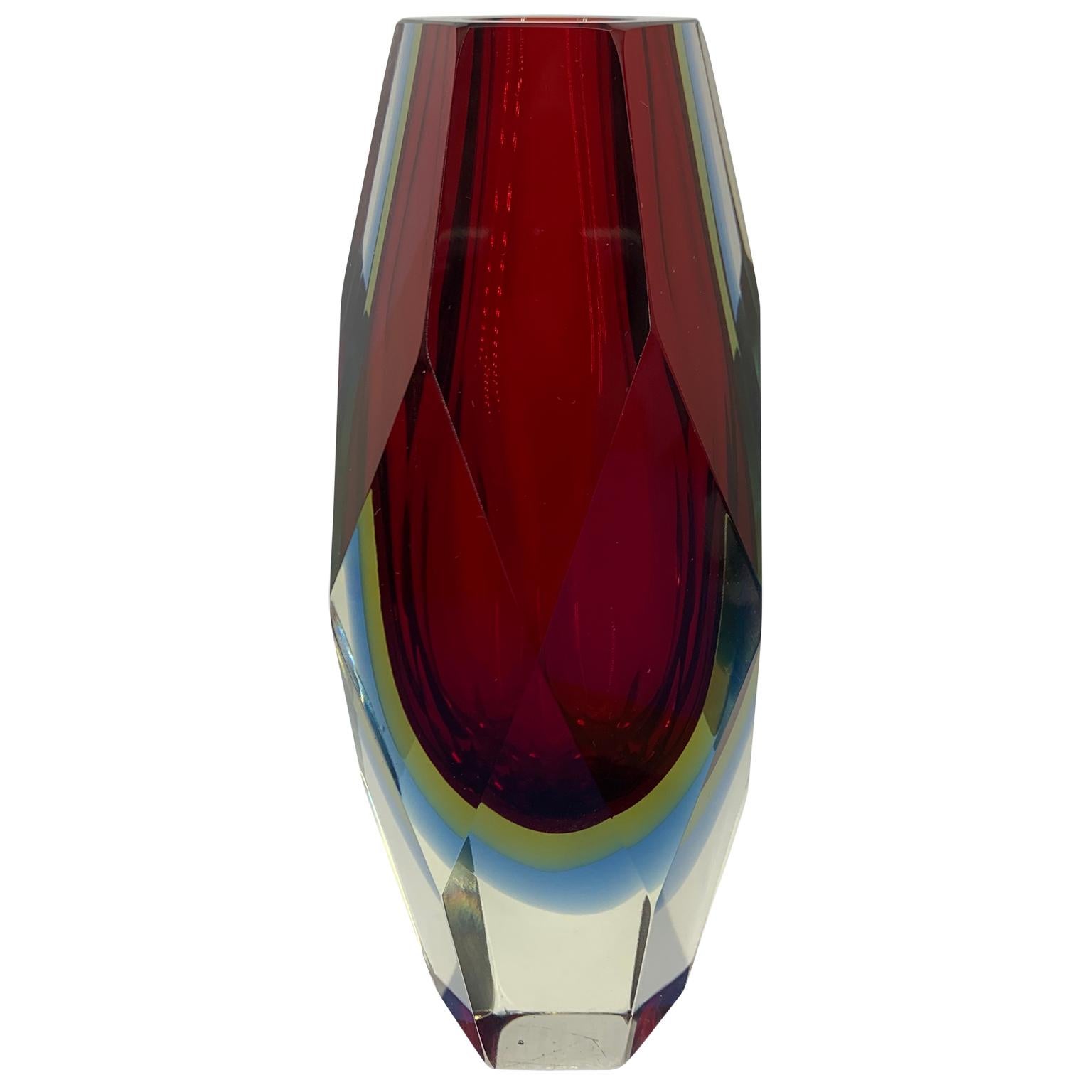 Italian Mid-Century Modern Red, Blue and Yellow Faceted Sommerso Murano Glass Vase