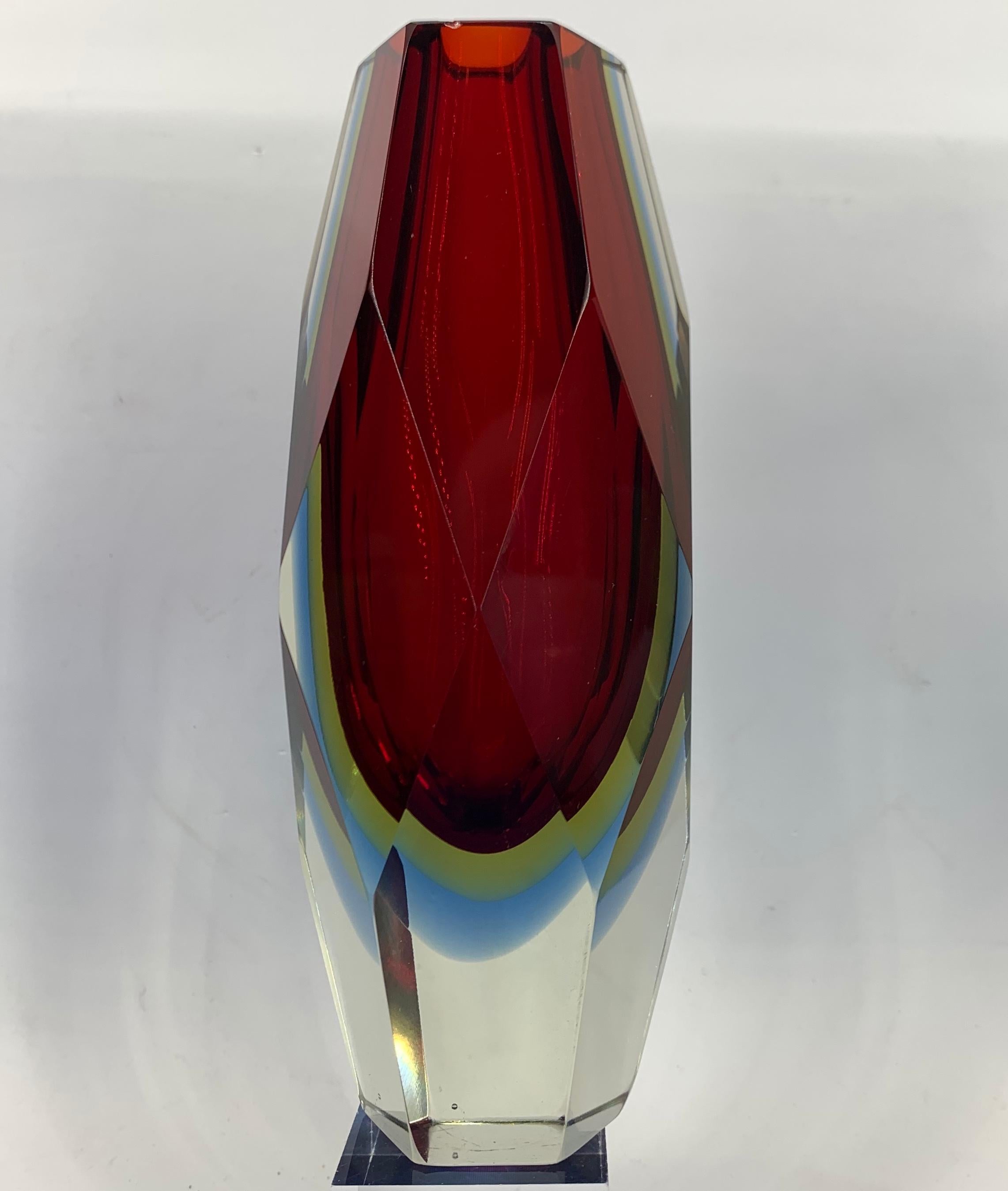 Mid-Century Modern Red, Blue and Yellow Faceted Sommerso Murano Glass Vase 1