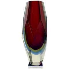 Mid-Century Modern Red, Blue and Yellow Faceted Sommerso Murano Glass Vase