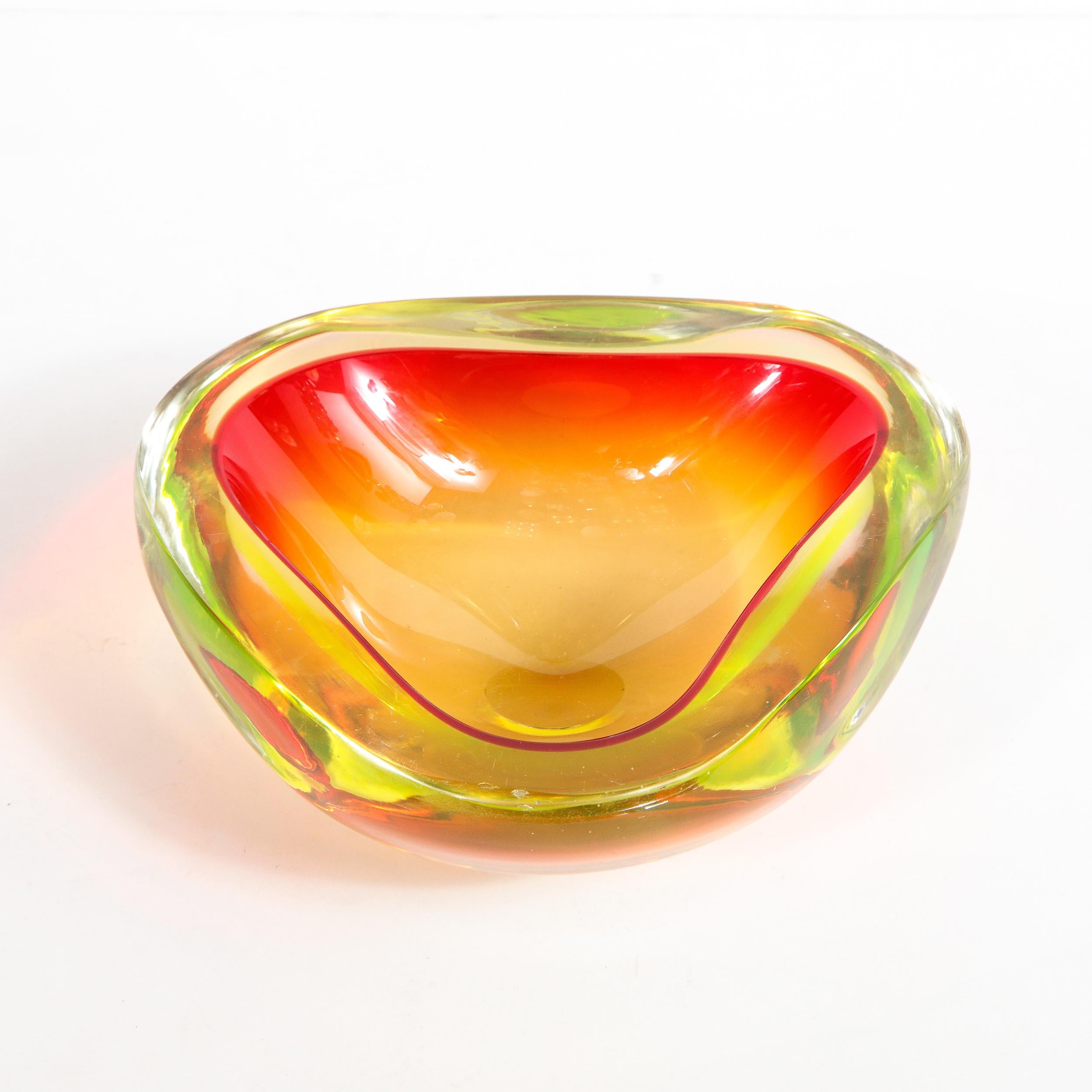 Mid-Century Modern Red, Chartreuse & Citrine Hand Blown Murano Glass Bowl In Excellent Condition In New York, NY