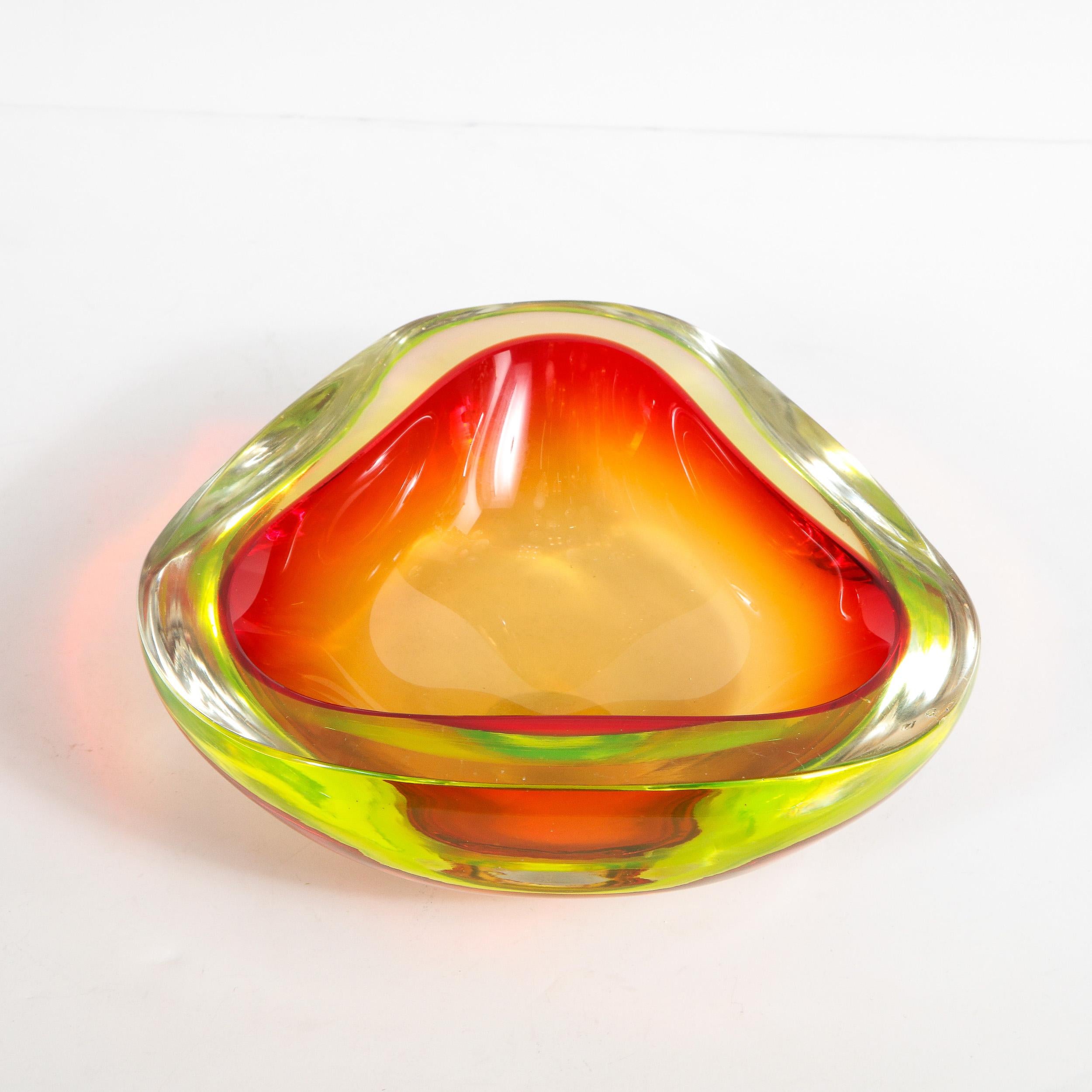 Mid-Century Modern Red, Chartreuse & Citrine Hand Blown Murano Glass Bowl 3