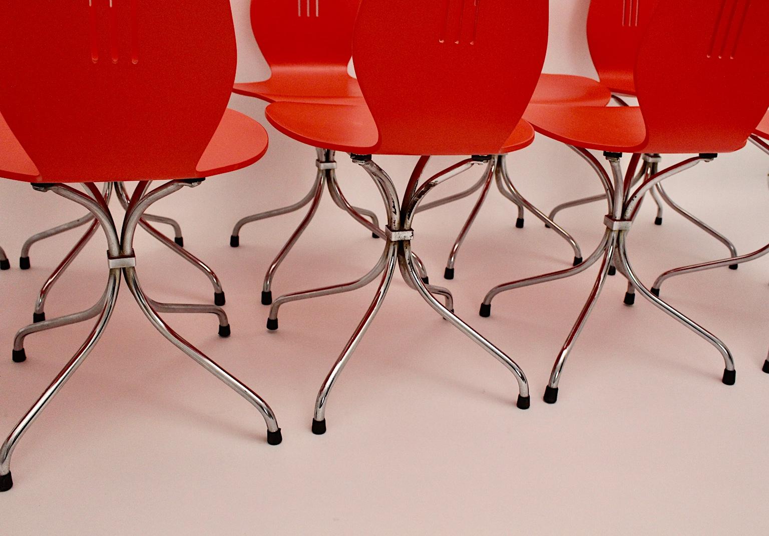 Mid-Century Modern Red Silver Ten Dining Chairs Theo Häberli Switzerland 1960s For Sale 4