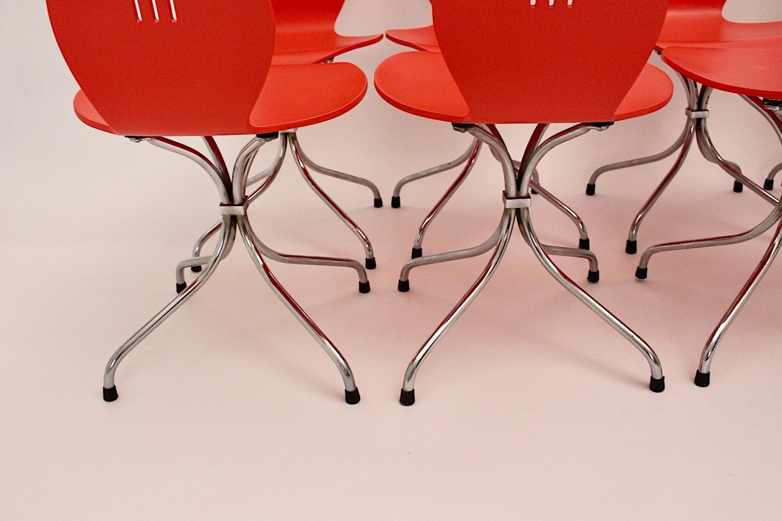 Mid-Century Modern Red Silver Ten Dining Chairs Theo Häberli Switzerland 1960s For Sale 5