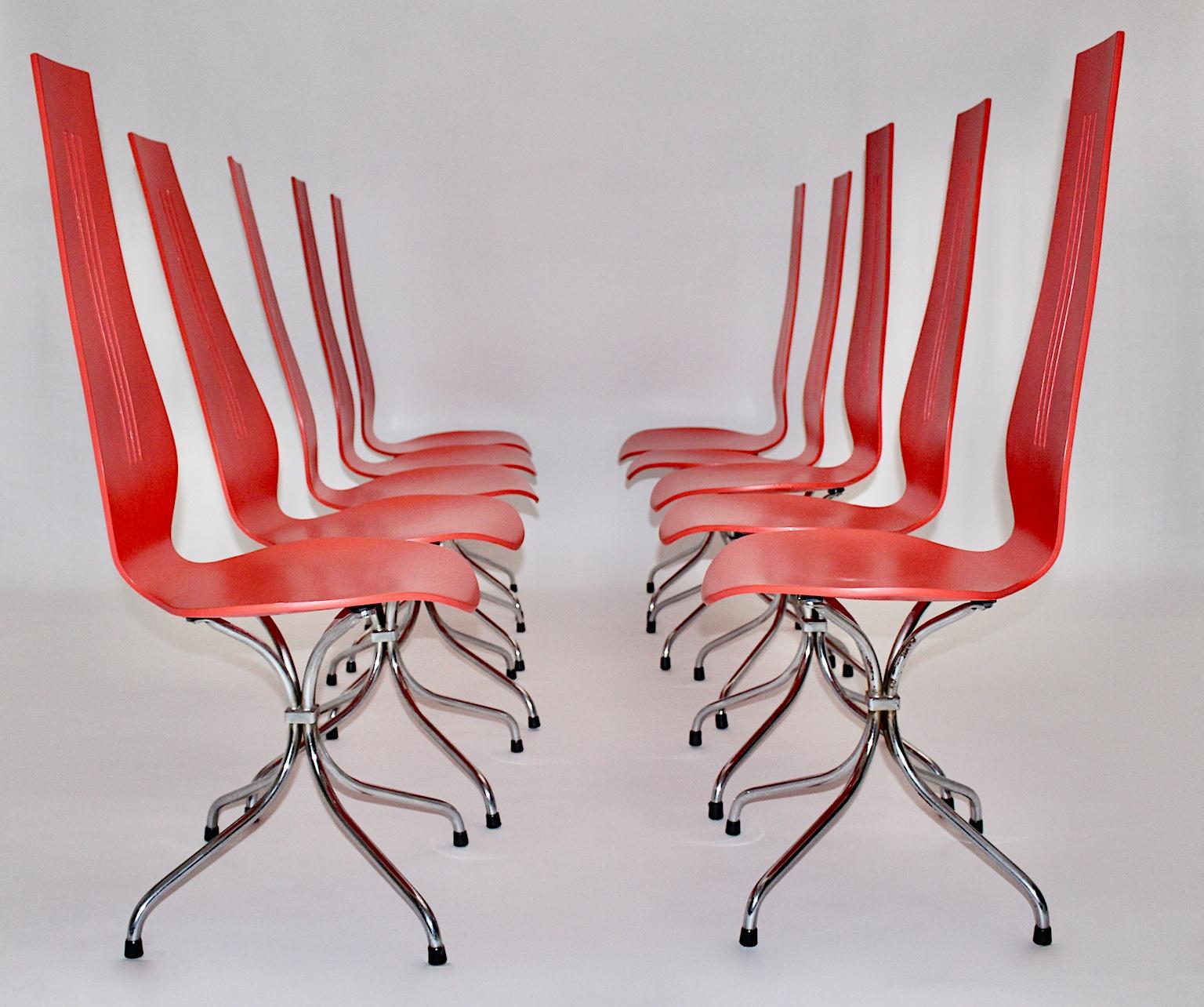 Mid-Century Modern Red Silver Ten Dining Chairs Theo Häberli Switzerland 1960s For Sale 6