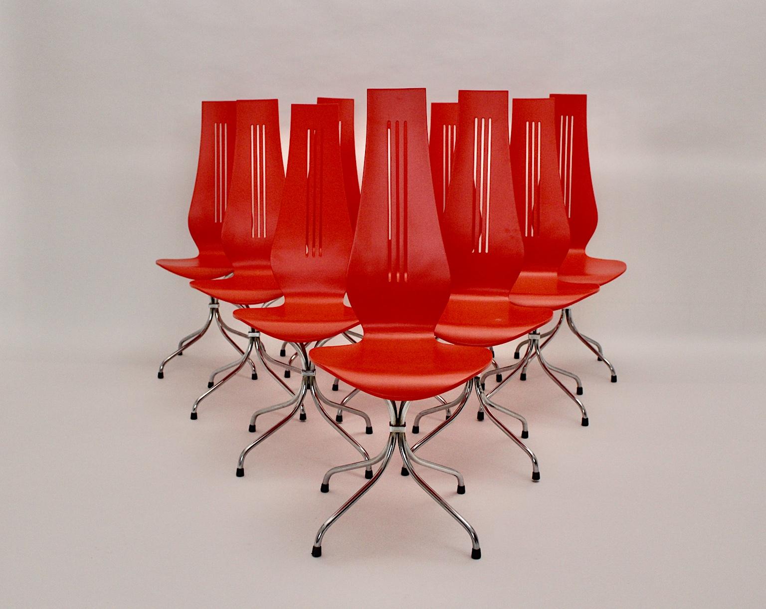 Swiss Mid-Century Modern Red Silver Ten Dining Chairs Theo Häberli Switzerland 1960s For Sale