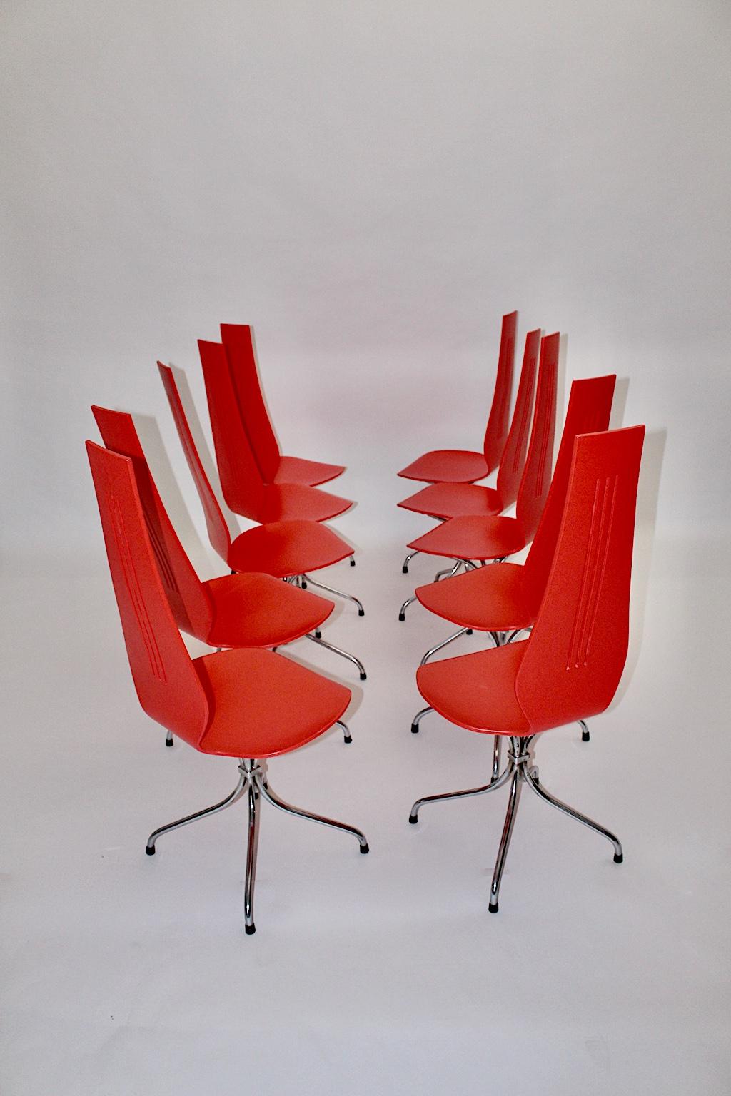 Mid-Century Modern Red Silver Ten Dining Chairs Theo Häberli Switzerland 1960s In Good Condition For Sale In Vienna, AT