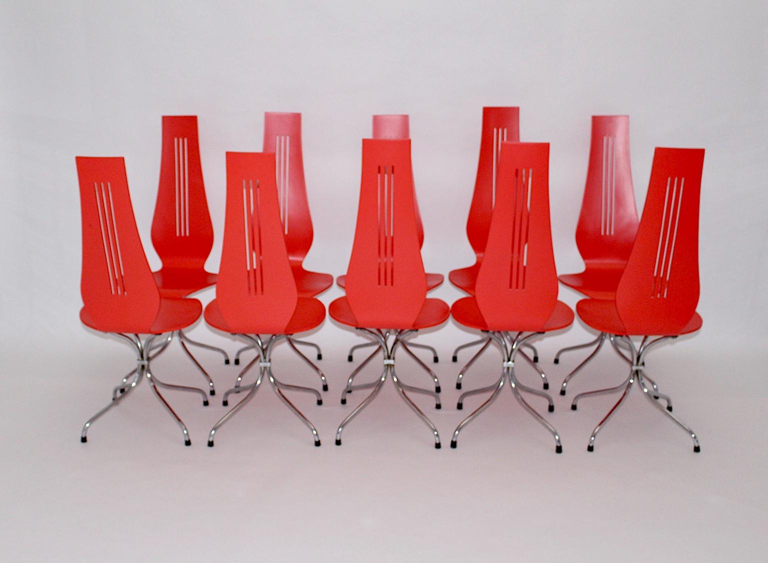 Metal Mid-Century Modern Red Silver Ten Dining Chairs Theo Häberli Switzerland 1960s For Sale