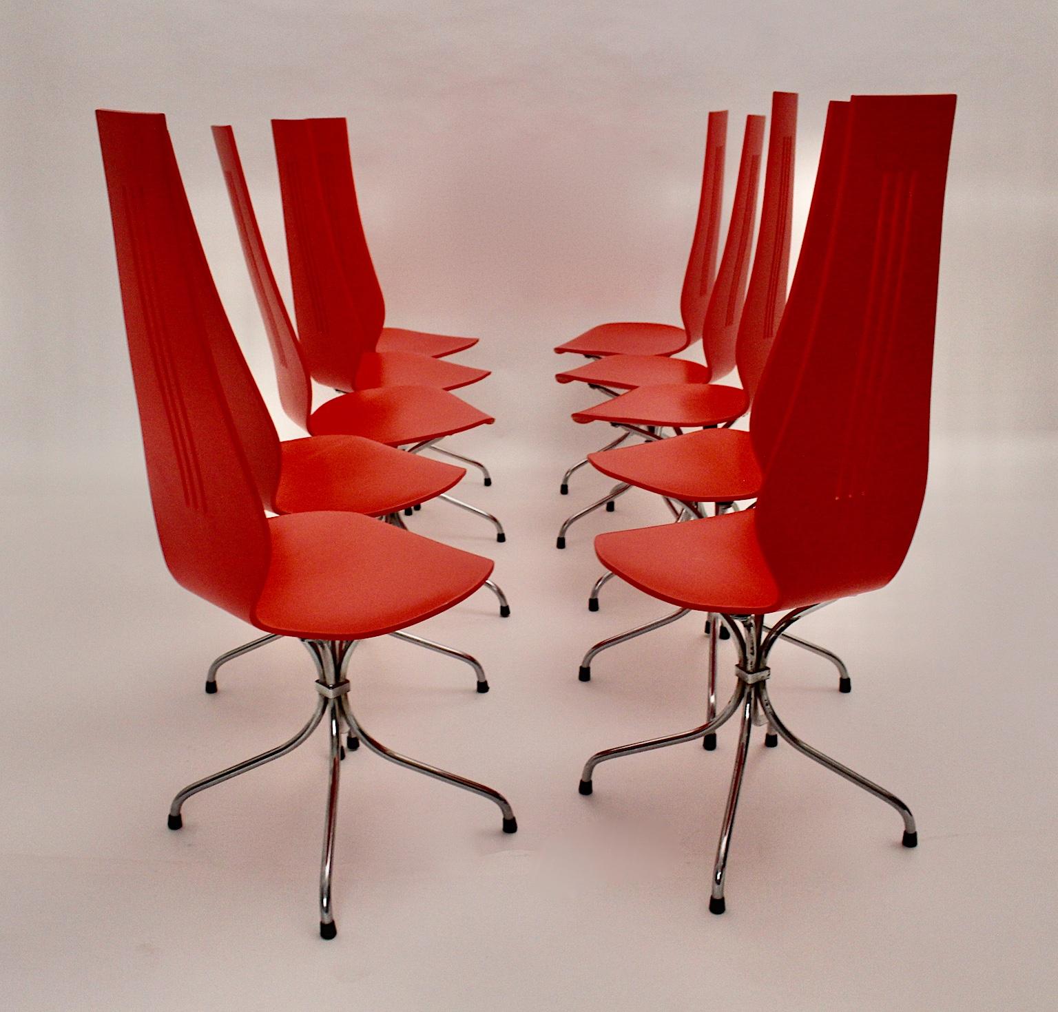 Mid-Century Modern Red Silver Ten Dining Chairs Theo Häberli Switzerland 1960s For Sale 1