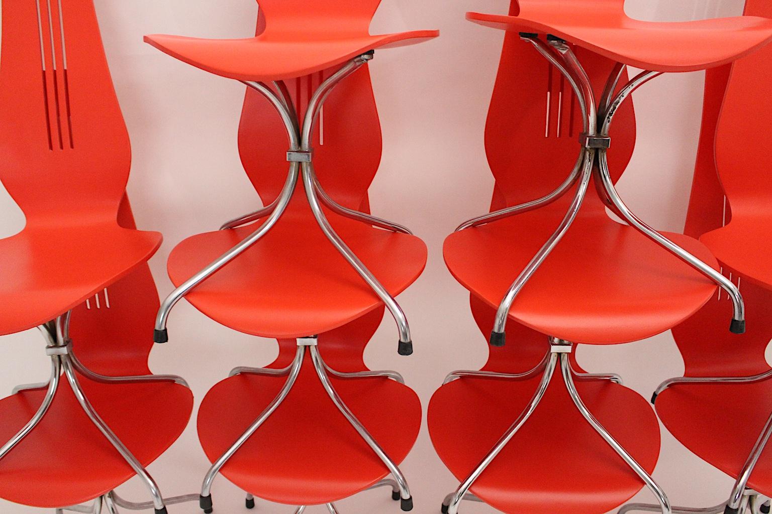 Mid-Century Modern Red Silver Ten Dining Chairs Theo Häberli Switzerland 1960s For Sale 2