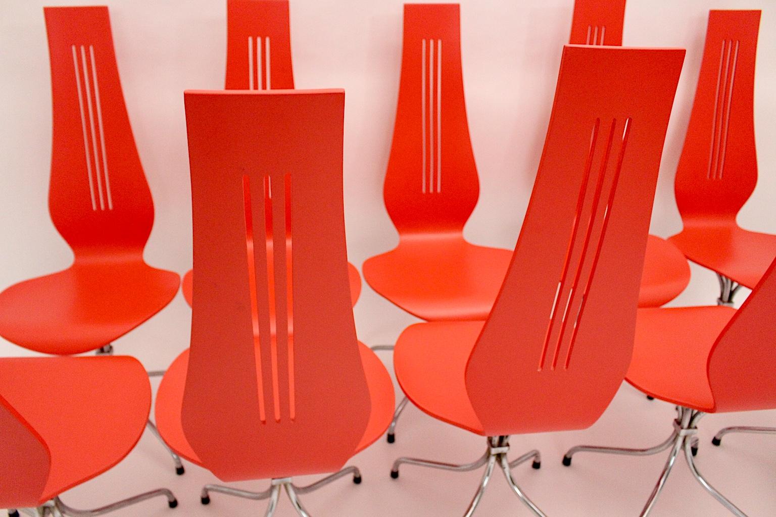 Mid-Century Modern Red Silver Ten Dining Chairs Theo Häberli Switzerland 1960s For Sale 3