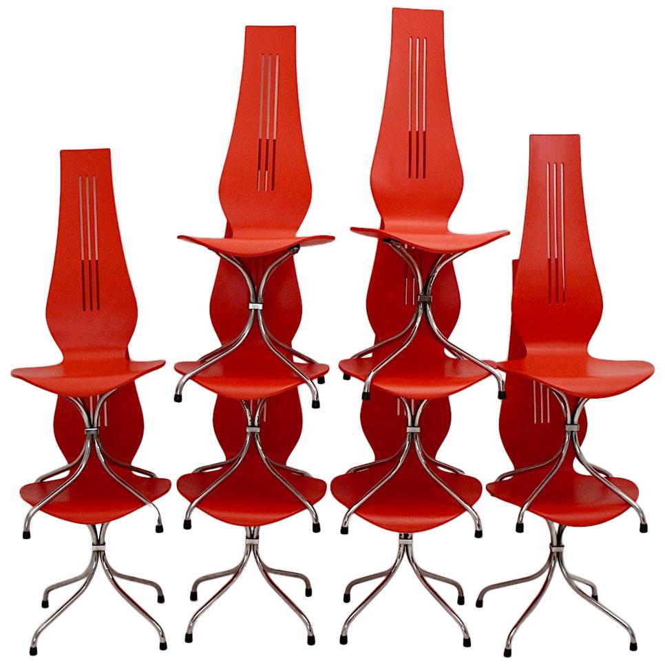 Mid-Century Modern Red Silver Ten Dining Chairs Theo Häberli Switzerland 1960s For Sale