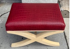 Mid Century Modern Red Crocodile Embossed Leather X Bench Footstool
