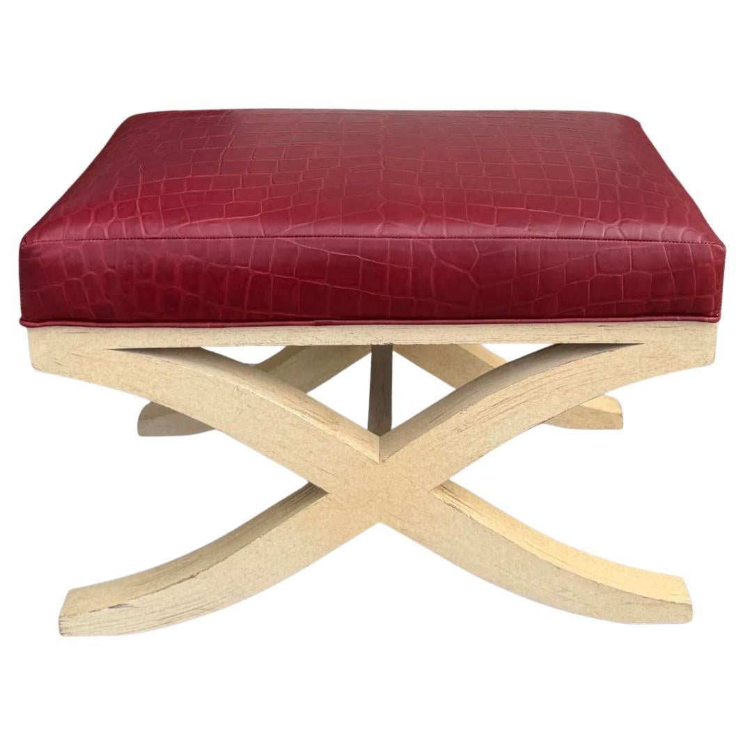 Mid Century Modern Red Crocodile Embossed Leather X Bench Footstool