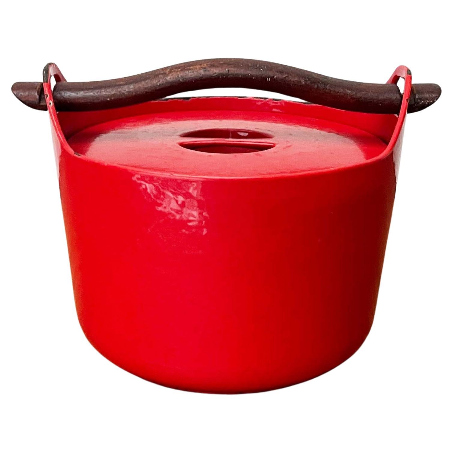 Mid-Century Modern Red Enamel Pot Teak Handle Timo Sarpaneva Rosenlew Finland