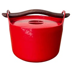 Mid-Century Modern Red Enamel Pot Teak Handle Timo Sarpaneva Rosenlew Finland