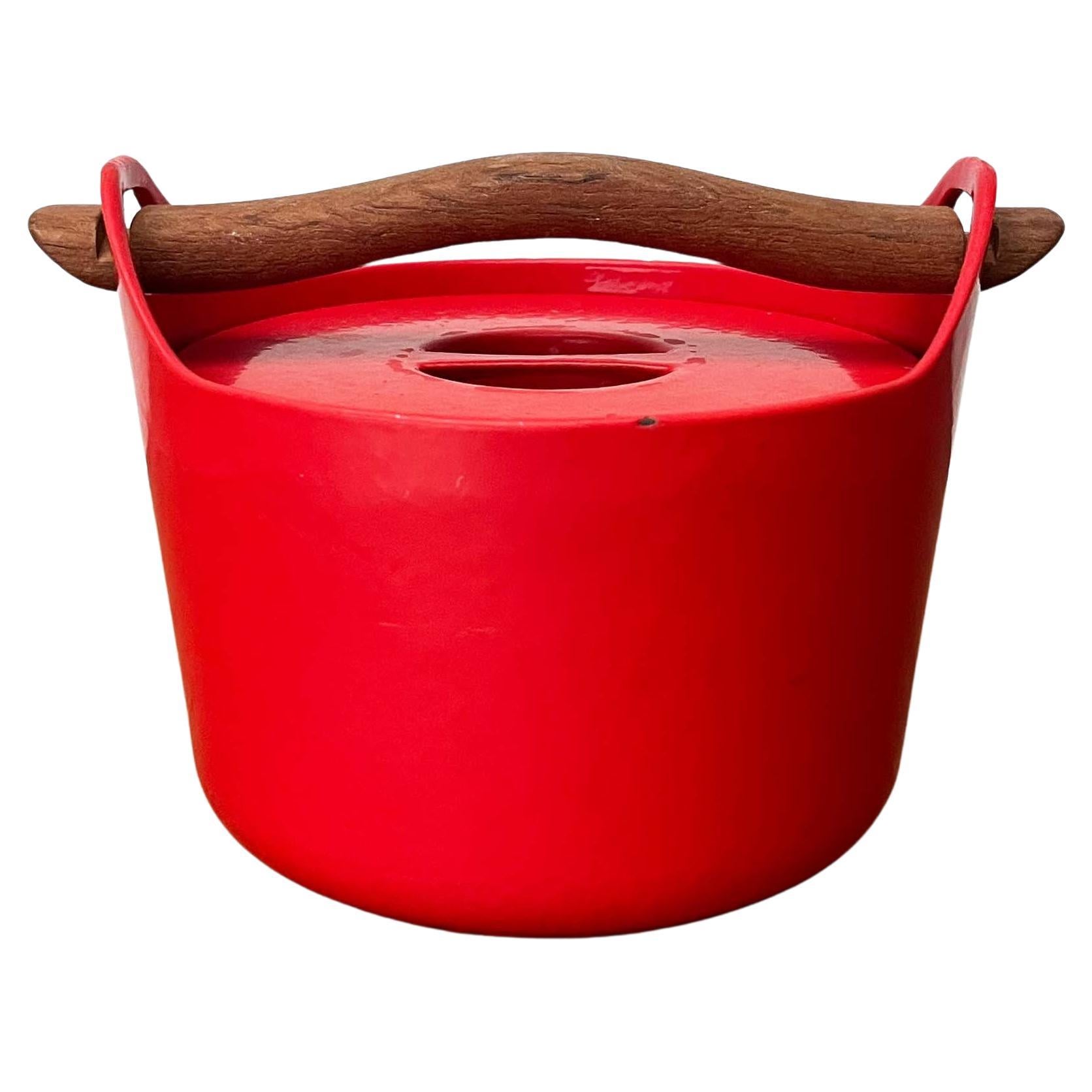 Mid-Century Modern Red Enamel Pot Teak Handle Timo Sarpaneva Rosenlew Finland