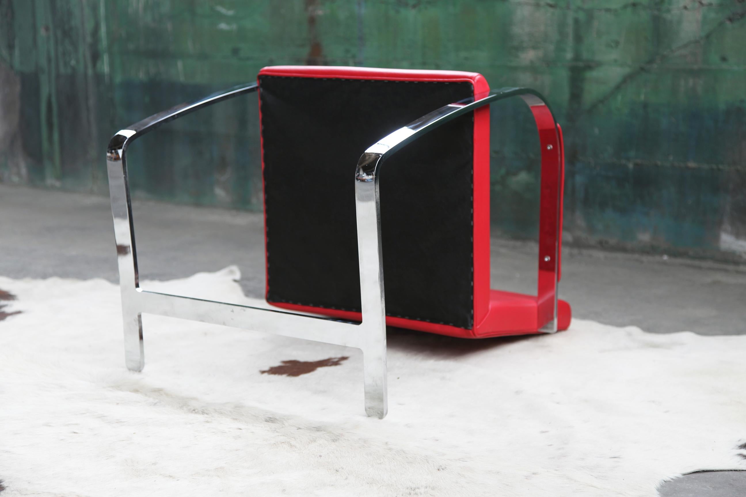 Mid Century Modern Red Flat Chromed Bar Brno Chair, by Mies Van Der Rohe For Sale 3