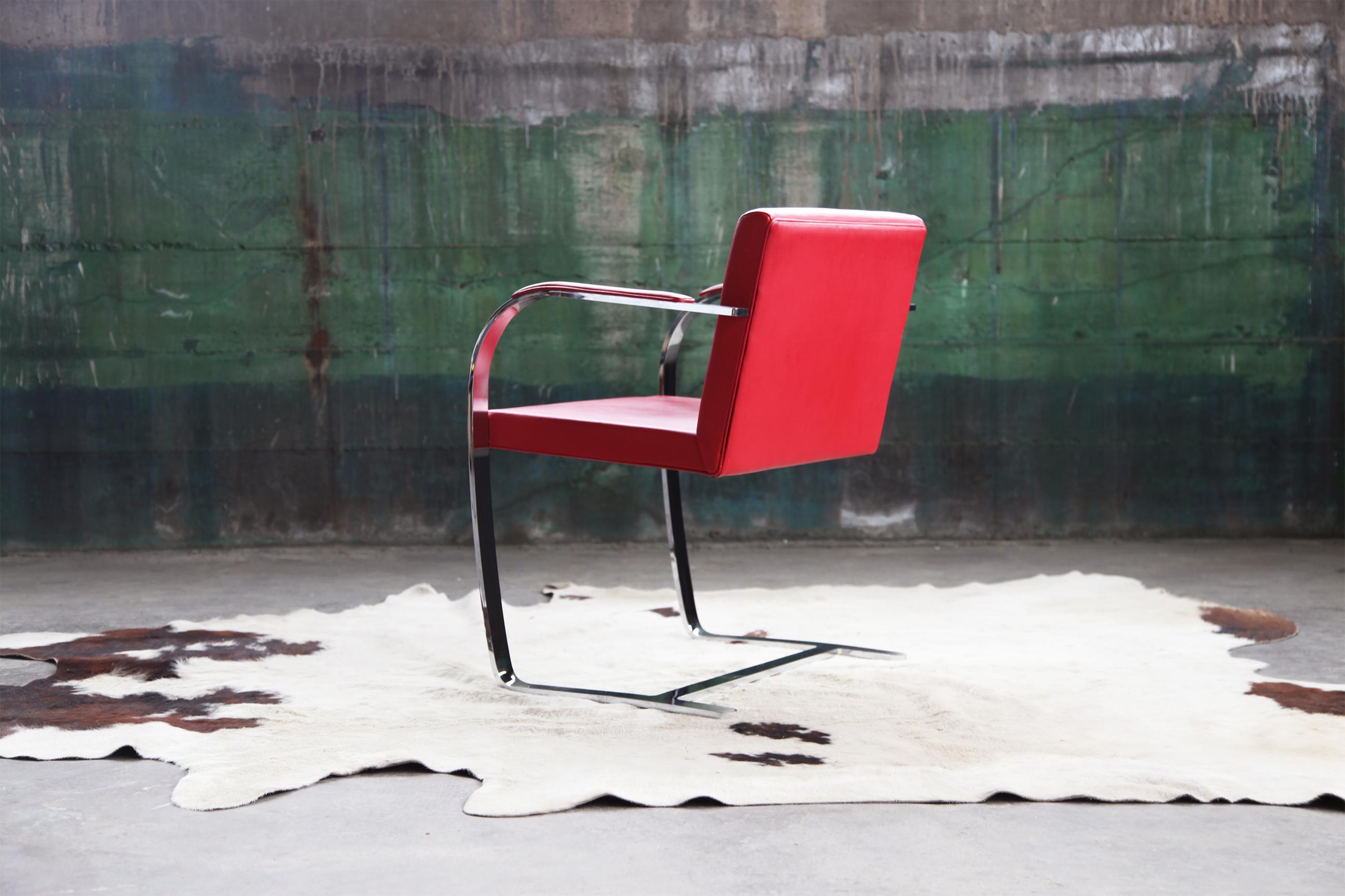 Mid-Century Modern Mid Century Modern Red Flat Chromed Bar Brno Chair, by Mies Van Der Rohe For Sale