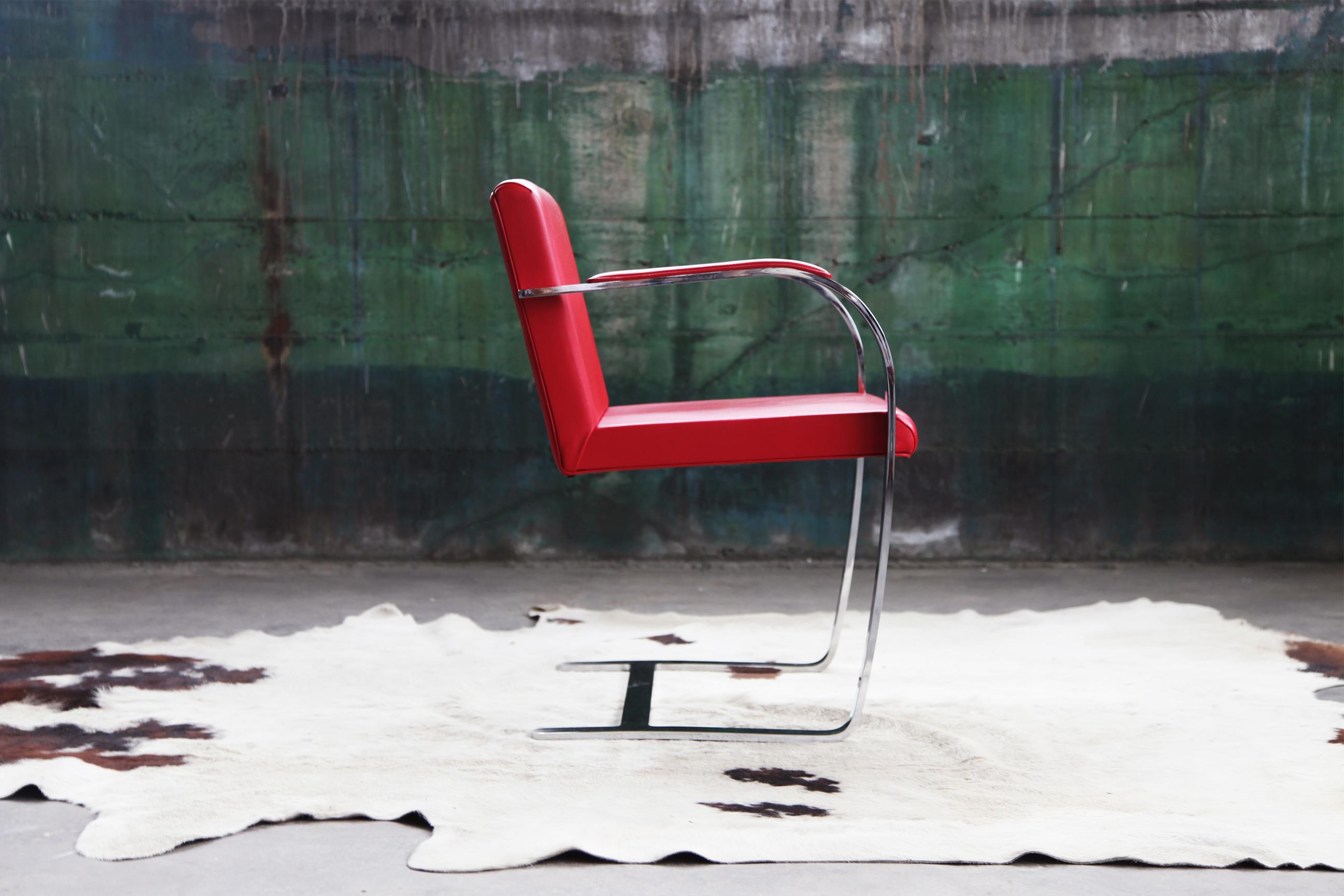 American Mid Century Modern Red Flat Chromed Bar Brno Chair, by Mies Van Der Rohe For Sale