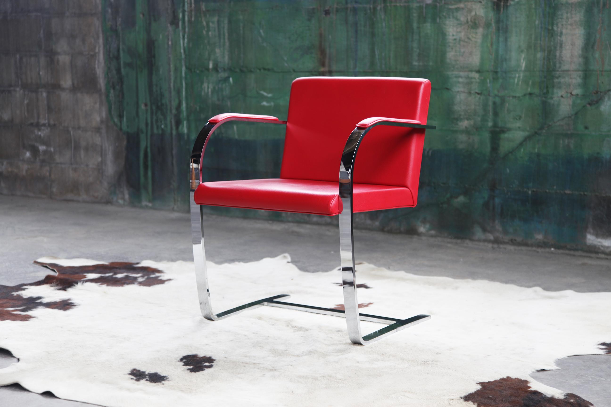 Mid Century Modern Red Flat Chromed Bar Brno Chair, by Mies Van Der Rohe In Good Condition For Sale In Madison, WI